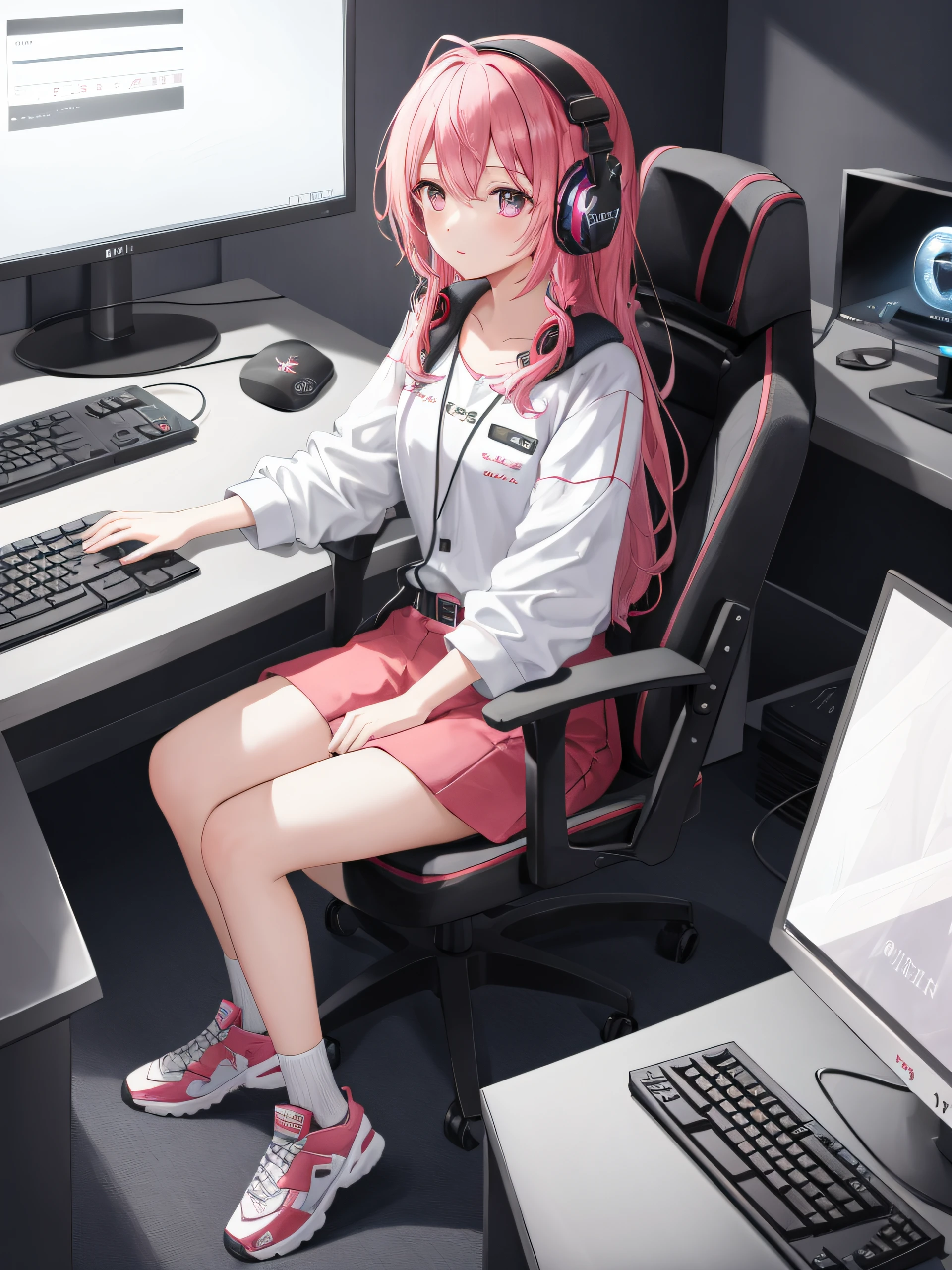 Islafe, 1girls, A masterpice, Ultra-high quality CG, the best quality, a girl solo, length hair, Gaming Platform, Gaming PC, Pink Themed Room, Gaming Keyboard, Gaming Headphones, video game console