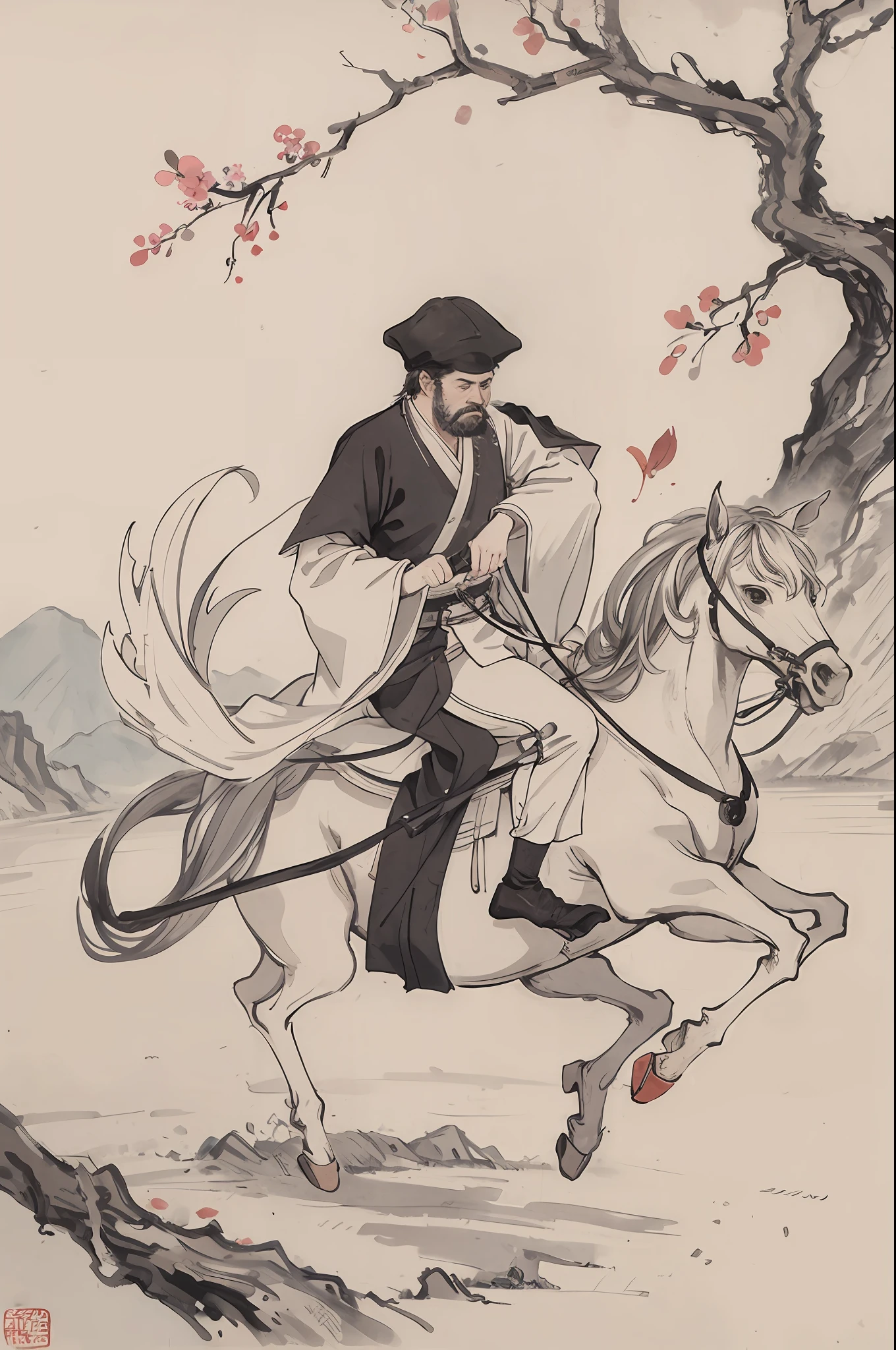 (nmasterpiece,最佳质量:1.2),chinese traditional ink painting,A girl fights with a middle-aged man in a jousting,Wear Hanfu,Barefoot,riverside,Peach blossom tree