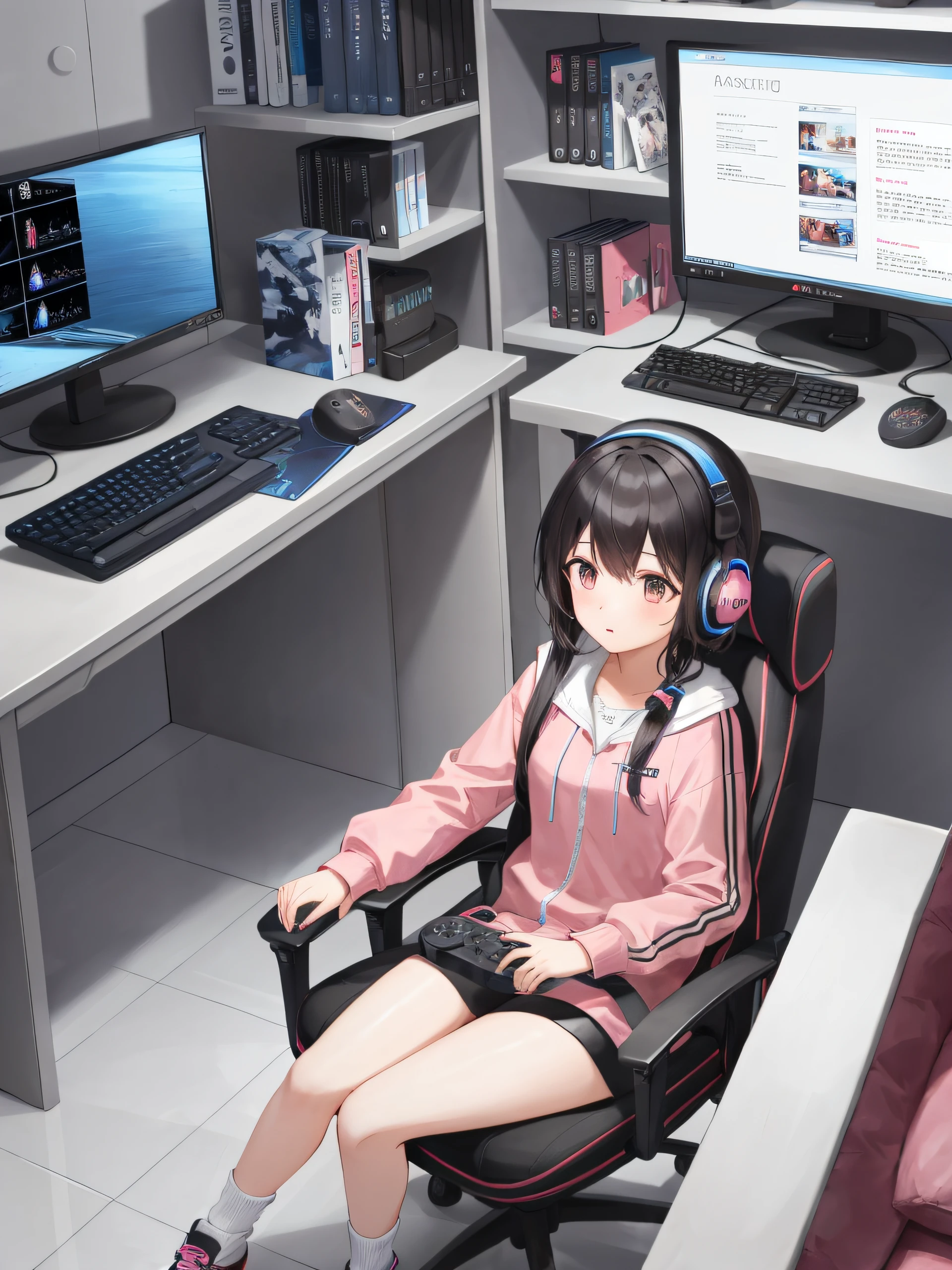 Islafe, 1girls, A masterpice, Ultra-high quality CG, the best quality, a girl solo, length hair, Gaming Platform, Gaming PC, Pink Themed Room, Gaming Keyboard, Gaming Headphones, video game console