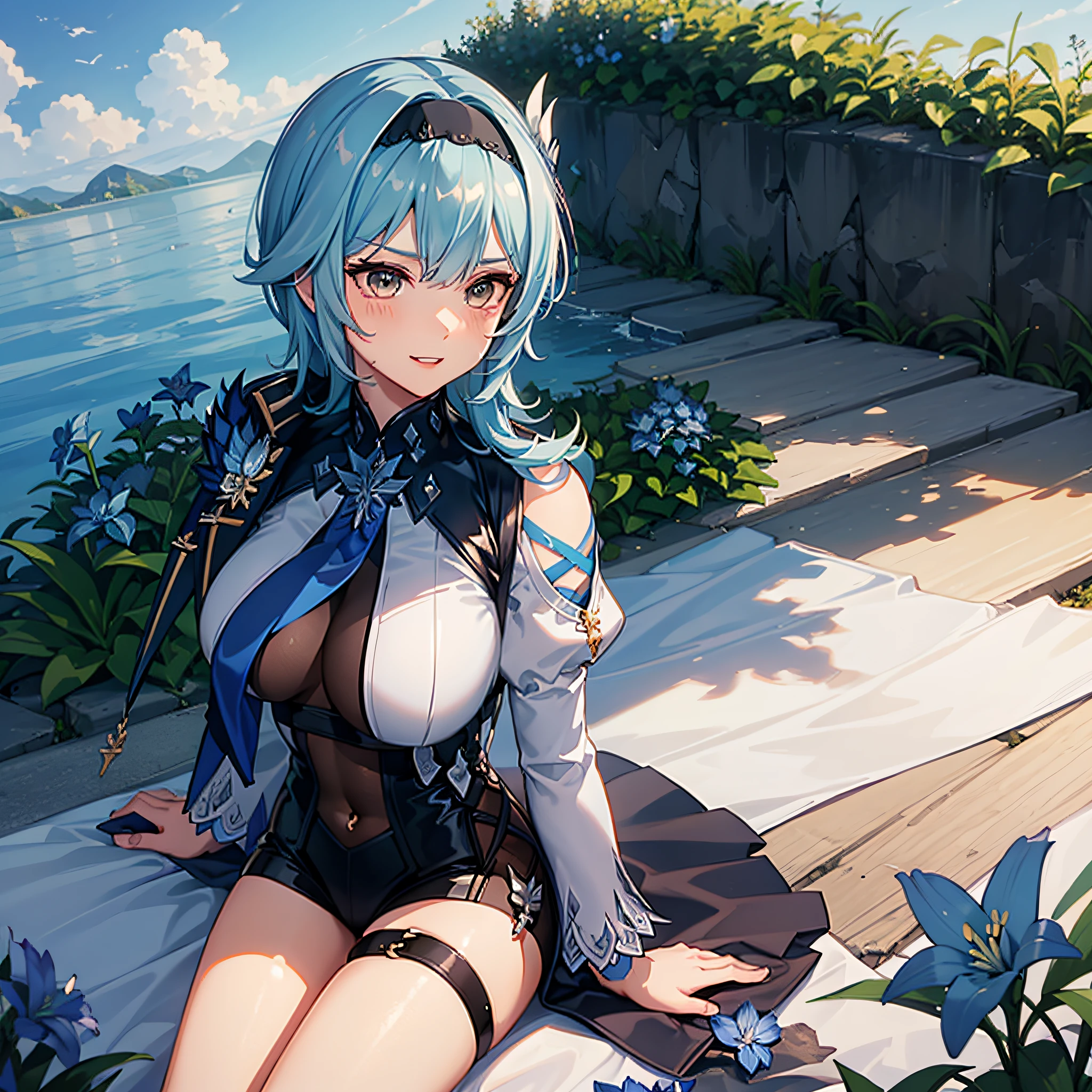 (antecedentes extremamente detalhados) (melhor qualidade), (mais alta qualidade), (obra-prima) , (ultra-detalhado) , Eula Lawrence, peitos enormes, bundas grandes, coxas grandes, Your MILF skin is oily, olhar sedutor, sorriso sedutor, blush, blue skies, cabelo longo, olhos castanhos , sitting in a garden of blue lilies, Blue lilies , olhando para o espectador , solo ,4k , 8k ,