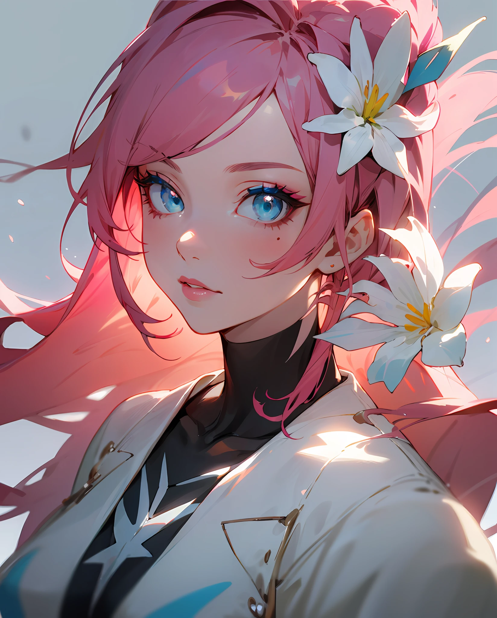 (Detailed Lights, Detailed Shadows), 1Woman, Pink Colored Hair, Close-up, Portrait, (Light Blue Colored Eyes), Extremely Detailed Clothes, ((Modern Clothes)), Beautiful Hair, Muscular, Hair Down, Extremely Detailed Background, Beautiful Background, (Long Hair), MakeUp, Pokemon Trainer, A White Flower on the Head