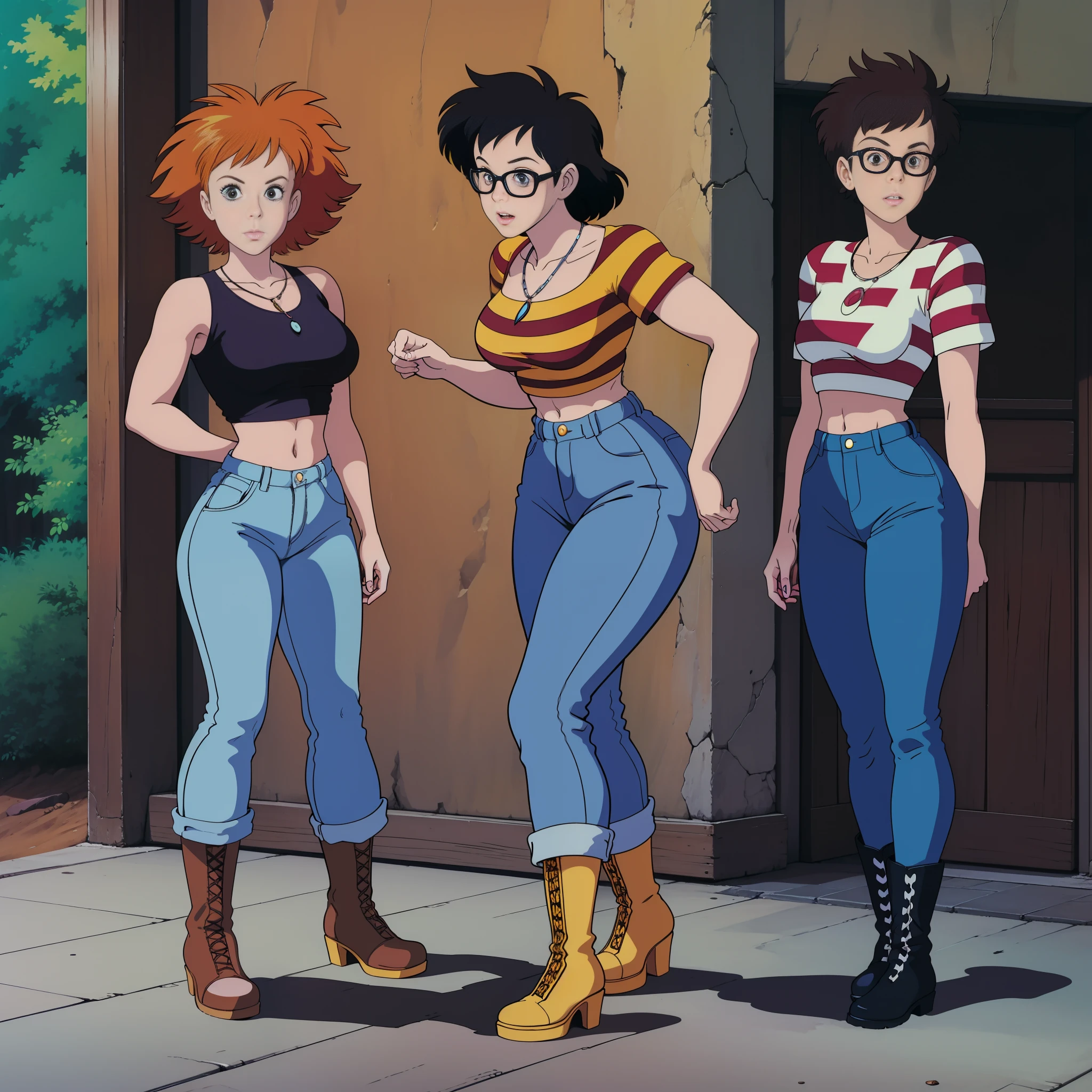 Female, American, messy hair, Straight hair, breasts, small abs, necklace, front poses, standing upright punk shirt, tight striped leopard skirt, stockings, black boots, large breasts, 1girl, 1987, w/ her other punk friends, and a nerd chick in tight jeans