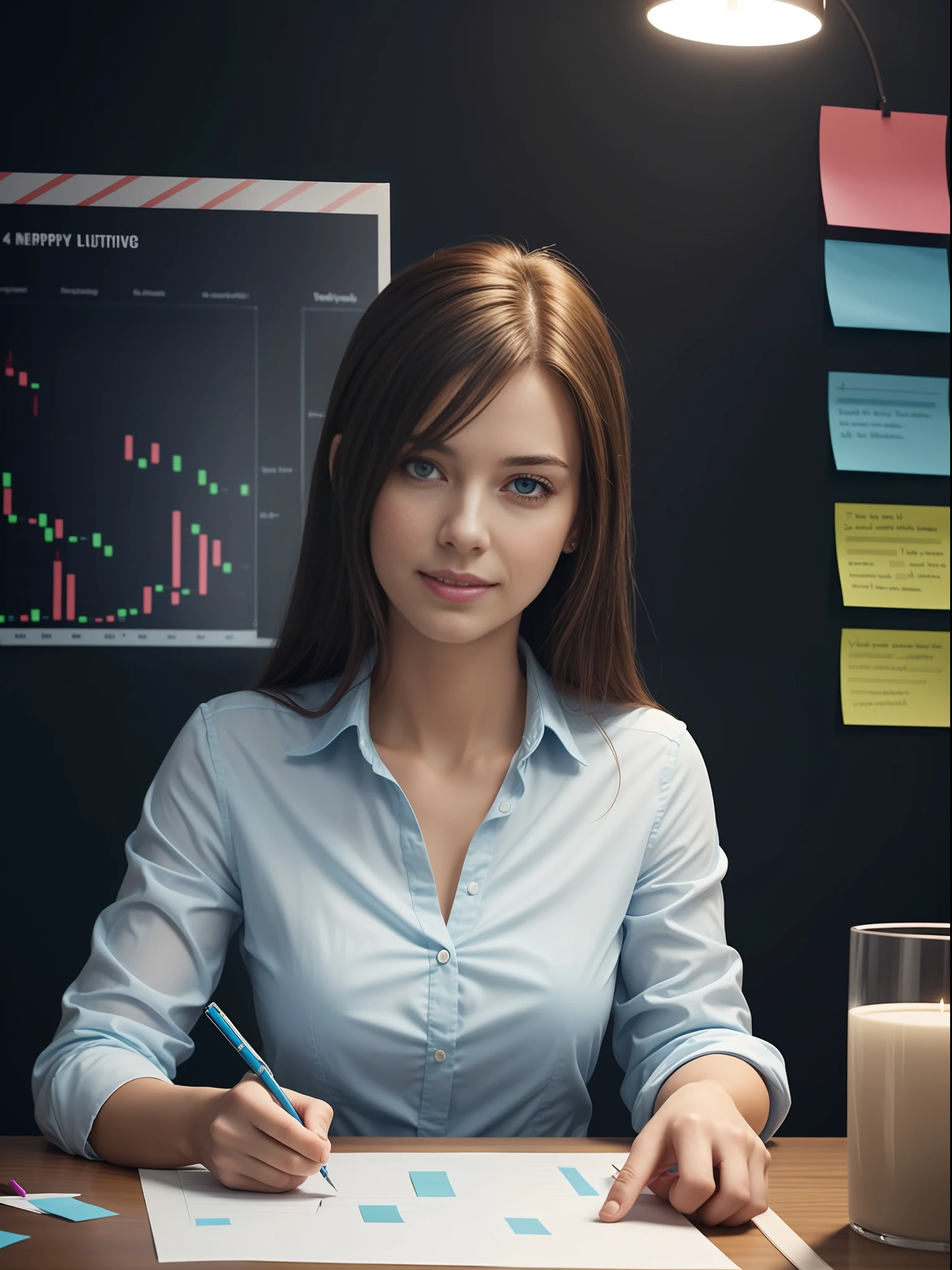 a woman person brainstorming with sticky notes and charts in the background, best quality, masterpiece, realistic, realistic photo, movie photo, ultra realistic, 1 person, detailed, perfect lighting, DSRL, professional photo, 4k ,Blue lighting ,Happy expression, half body