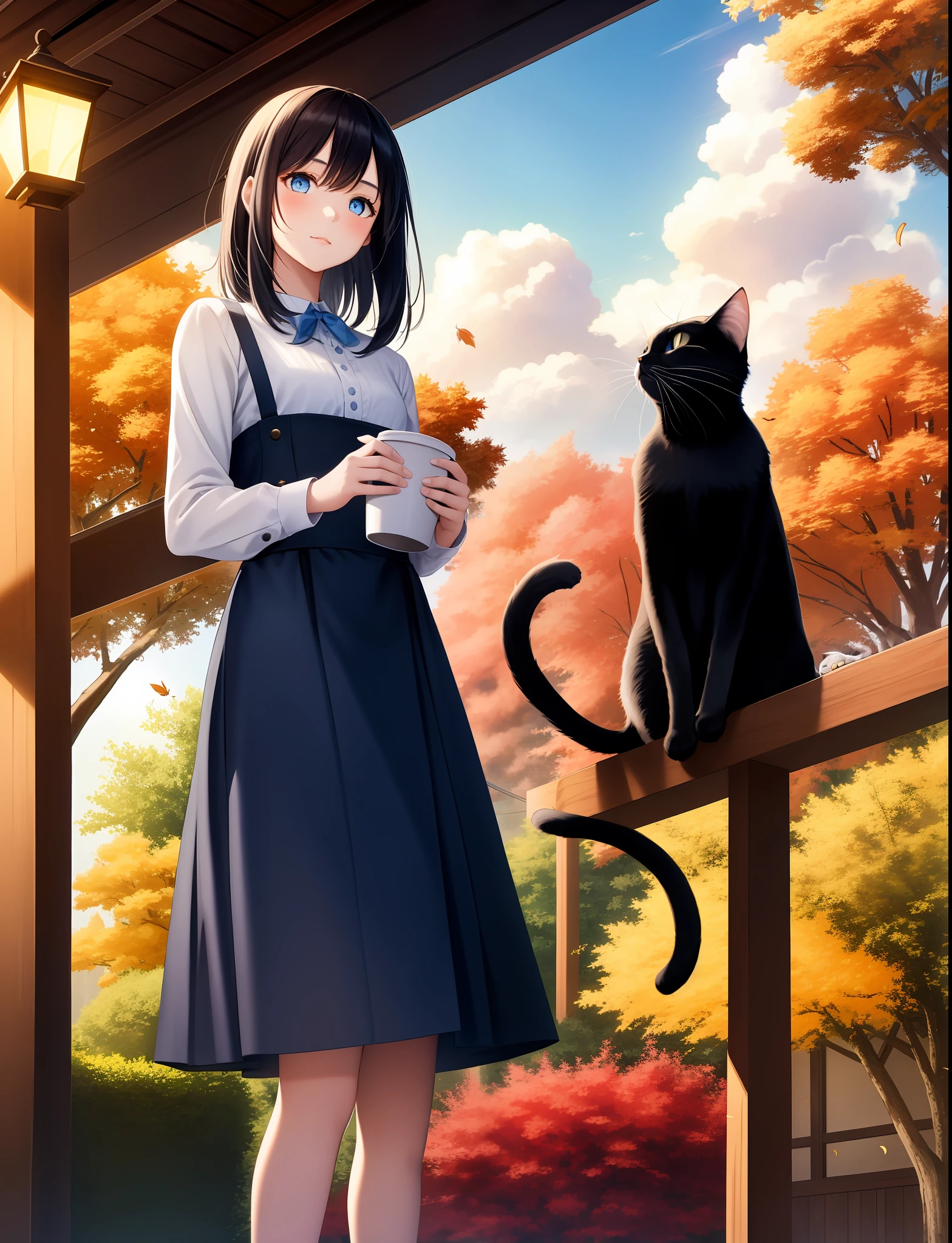 1girls，1cat，middle length hair，Coffee-colored eyes，Colorful，autumnal，cumulonimbus cloud，lamplight，blue-sky，the falling leaves，Flower Garden，Girl holding an English shorthair，Blue eyes black cat