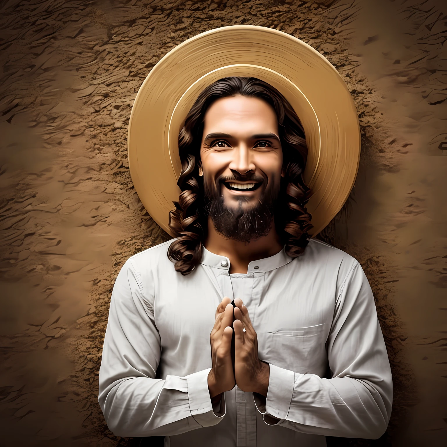 Foto de uma pessoa simples com Jesus Cristo, with happy expression --auto