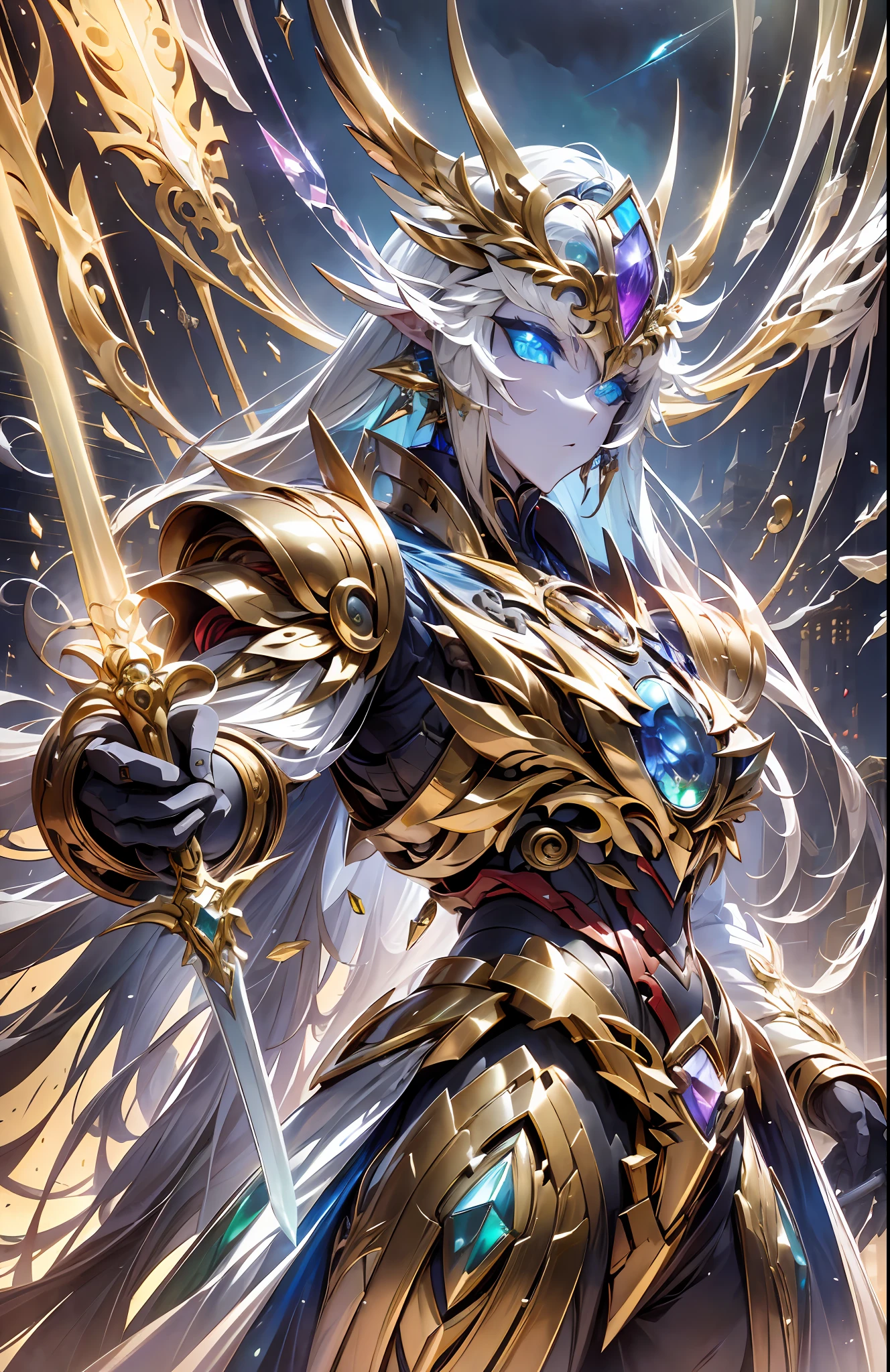 (Very long sword:1.5),The ultimate king of the universe,Ancient legends,Chinese Taoism,mysterious symbols,Ethereal lights,surrounded by cloud,Fighting posture,(Smooth surface),Stand on a cliff overlooking the night view,Cyberpunk-city,White is the main color，With red、Bright decorative colors such as blue and gold。(crystal:1.3),(((巨作))),(((Best quality))),((ultra -detailed))((Extremely detailed CG)),((16K resolution))((An extremely delicate and beautiful)),{Photorealistic},Full of detailed light blooms,A masterpiece from the Canon EOS R6 shooting,((nmasterpiece)) ,cinematiclight,独奏,Unreal Engine 5,(Long sword in hand:1.4),Chinese Longquan sword,Superb craftsmanship、An elegant and powerful sword。The blade is slender and graceful),lightening,raiden