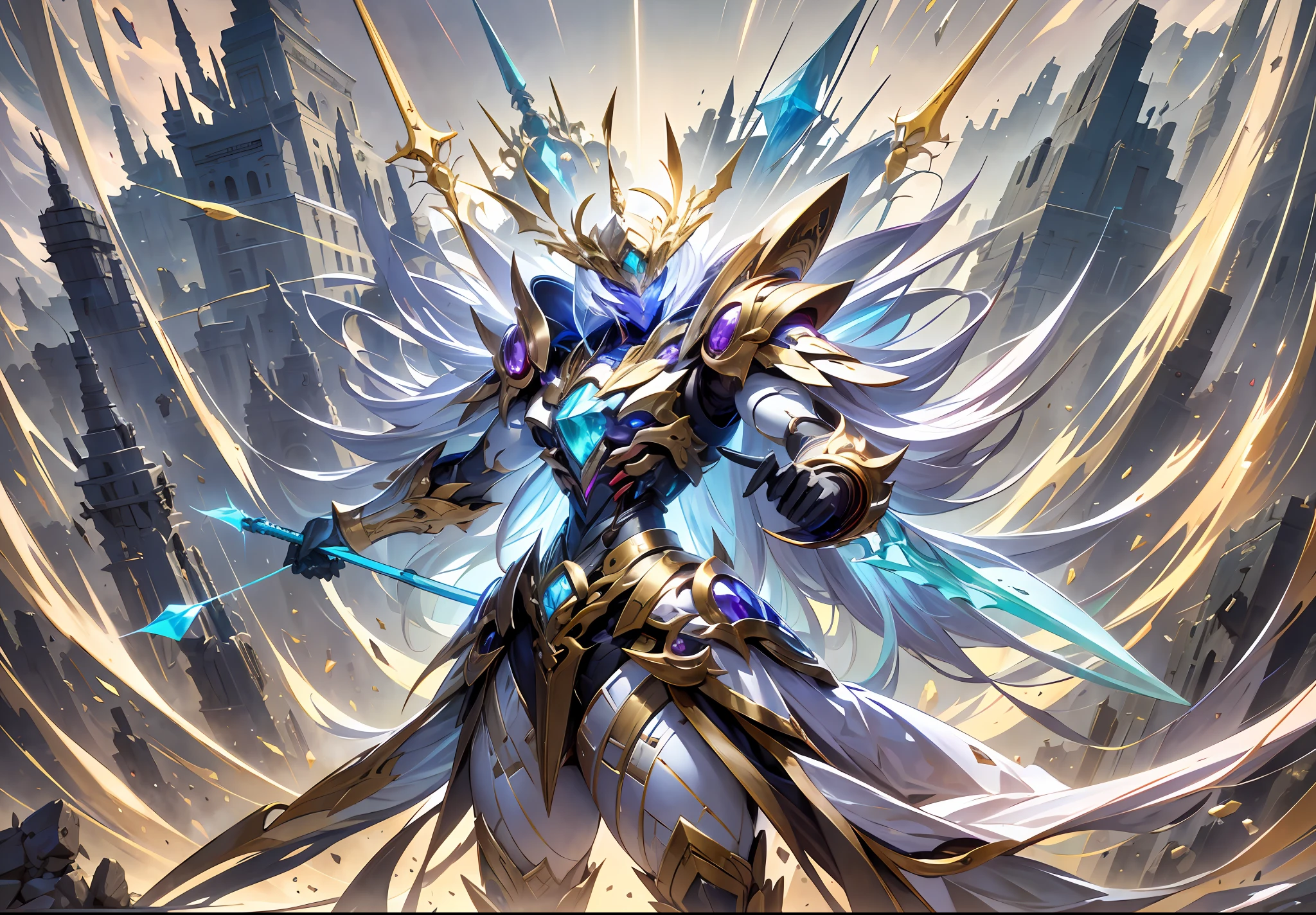 (Very long sword:1.5),The ultimate king of the universe,Ancient legends,Chinese Taoism,mysterious symbols,Ethereal lights,surrounded by cloud,Fighting posture,(Smooth surface),Stand on a cliff overlooking the night view,Cyberpunk-city,White is the main color，With red、Bright decorative colors such as blue and gold。(crystal:1.3),(((巨作))),(((Best quality))),((ultra -detailed))((Extremely detailed CG)),((16K resolution))((An extremely delicate and beautiful)),{Photorealistic},Full of detailed light blooms,A masterpiece from the Canon EOS R6 shooting,((nmasterpiece)) ,cinematiclight,独奏,Unreal Engine 5,(Long sword in hand:1.4),Chinese Longquan sword,Superb craftsmanship、An elegant and powerful sword。The blade is slender and graceful),lightening,raiden