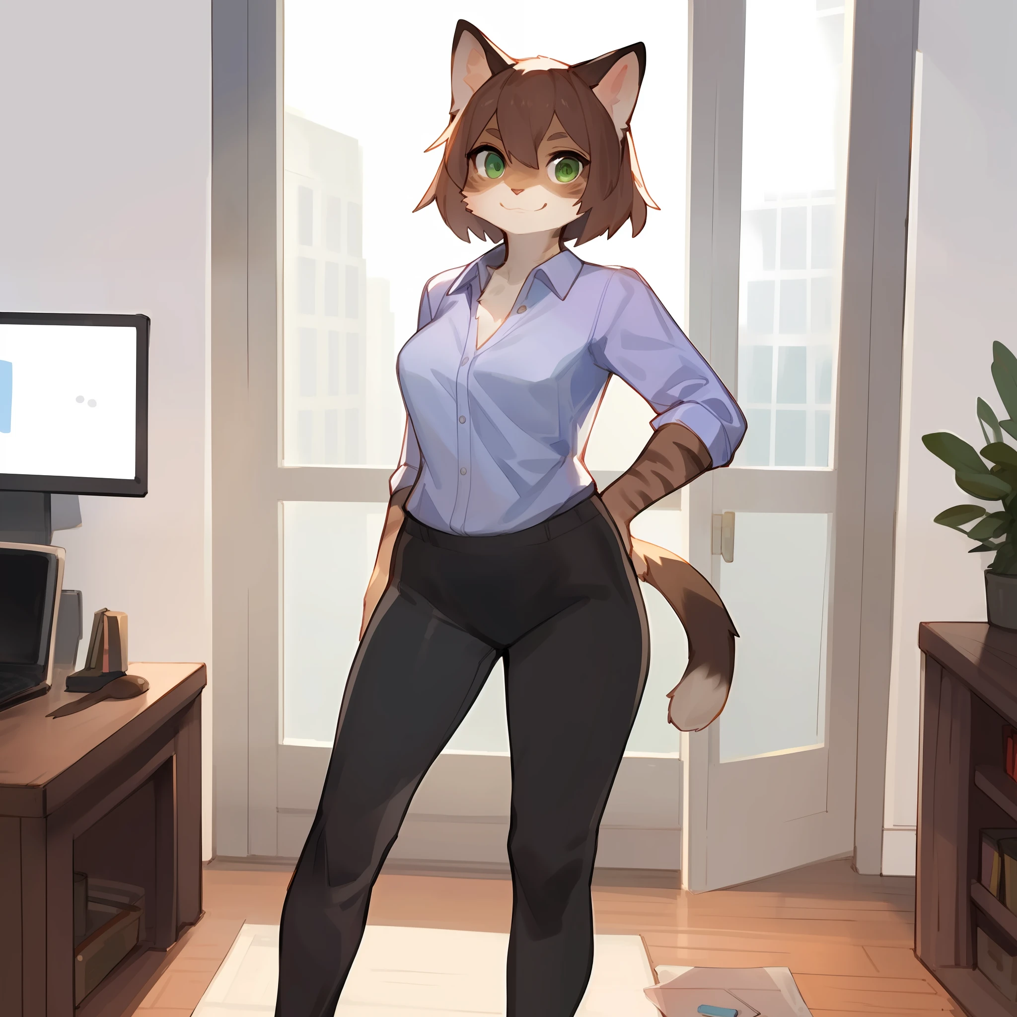 Solo, female, standing, feline, lavender dress shirt, black yoga pants, brown fur, brown hair, green eyes, detailed eyes, detailed hands, by bebebebebe, smiling, looking at viewer, office