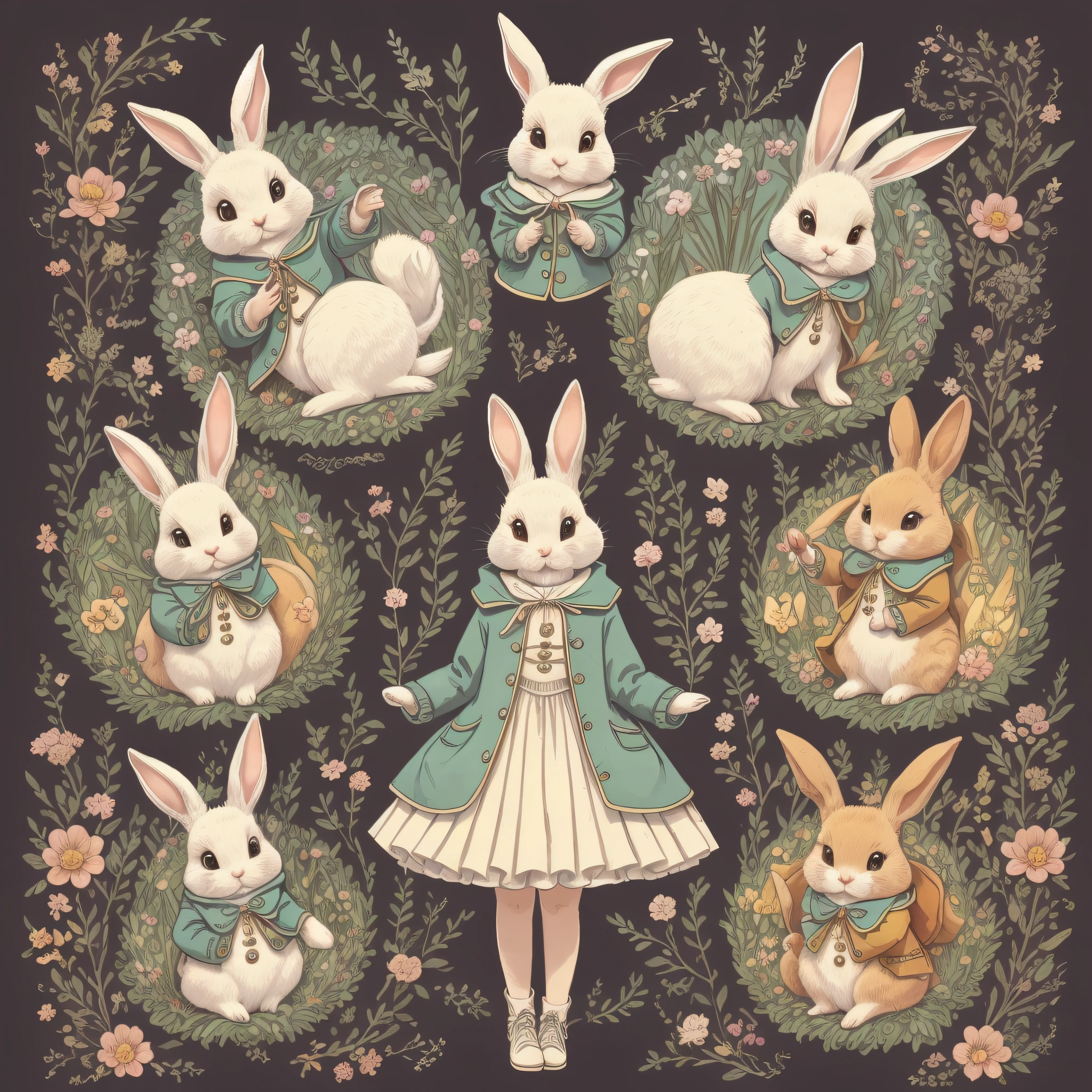 An ultra-high picture quality、Super delicate、Character design drawings、Full body like、Multiple Pose、Multiple facial expressions、Anthropomorphic cute rabbit、Cute characters from fairy tales、Cute rabbit in coat、18th century French clothing、Colorful colors、