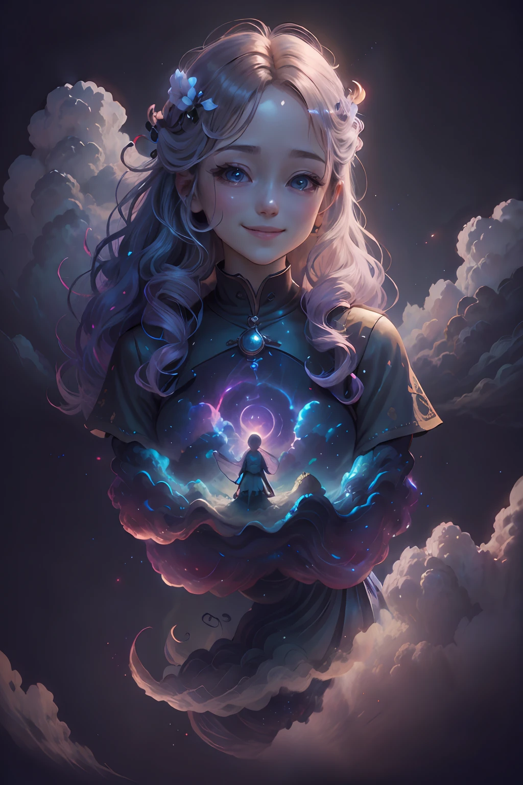 an angel、In the clouds、Colorful clouds、mystical、Fluffy clouds、Gentle、smile on face、Top image quality、Soft image quality、Shine Light Love、reliance、Bright smile、Bright background、Summer background 、Curling、Fantastical --auto