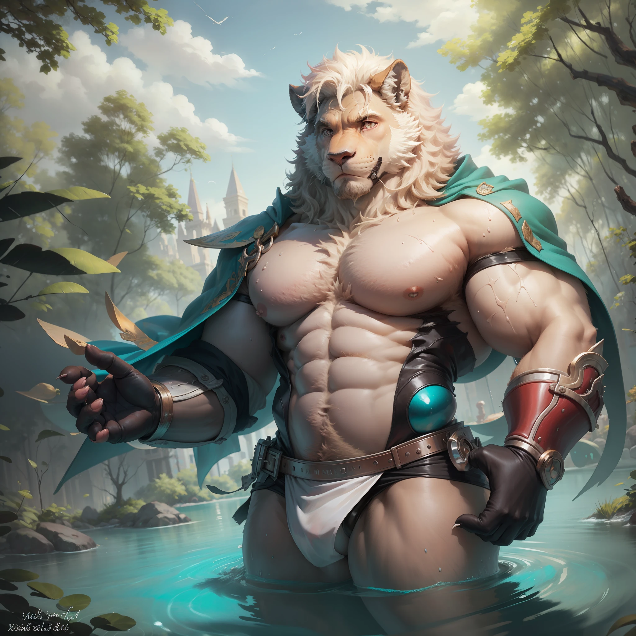 Short-maned lion, melena azul, Pelaje crema claro, sexy, grandes pectorales, pezones, viendo hacia la camara, ojos azules, nadando en una piscina grande, pelaje claro, pezones rosados, nariz rosada, ojos azules, cejas azules, blue beard, Pale cream chest, brazos y hombros color crema, brazos debajo del agua, nadando