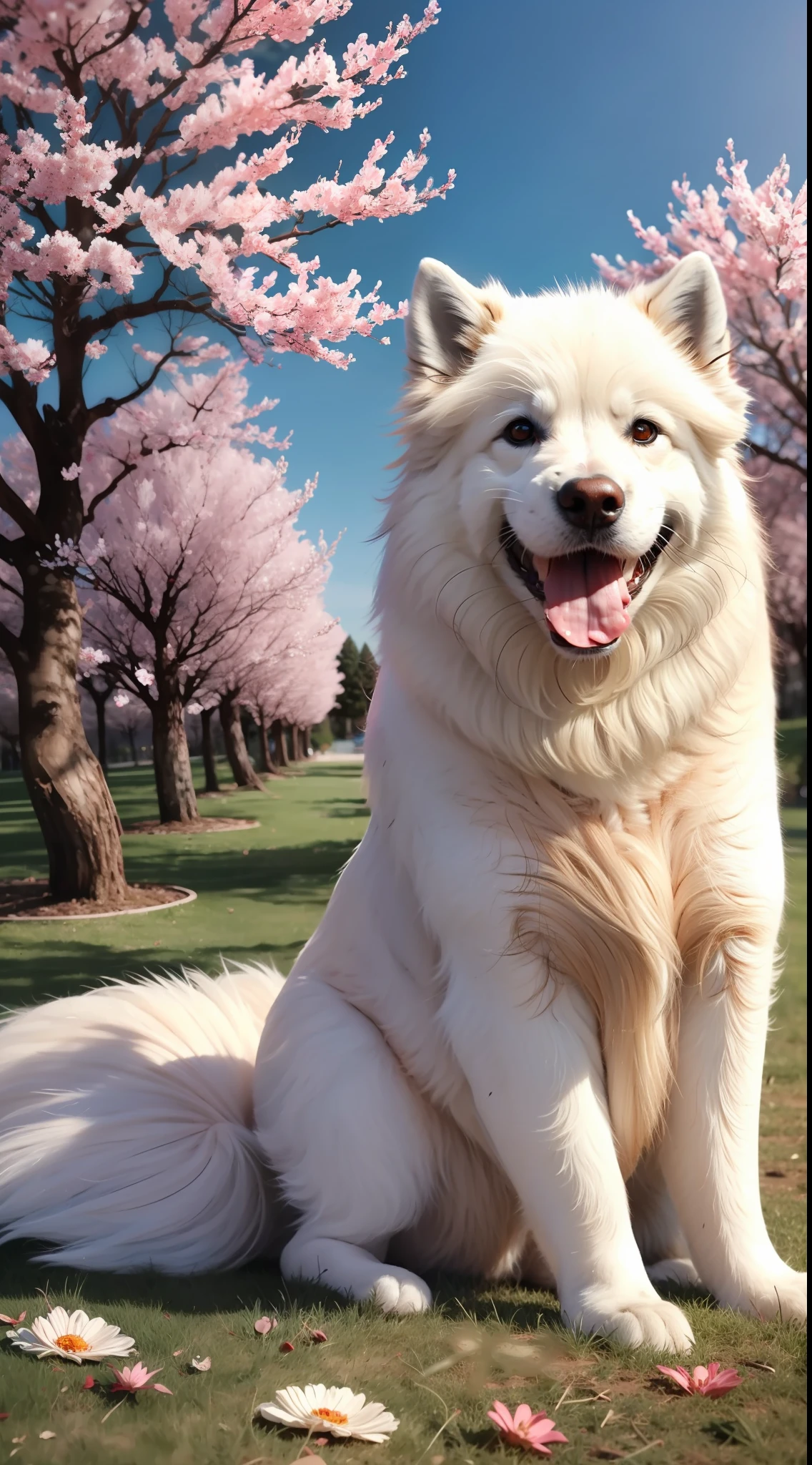 Samoyed，Slightly thin in size，Sit on the lawn，There is a large tree in the distance，cheerfulness，Smile with， nmasterpiece， 8k， high resolucion， Highest texture， Better face，abundant detail， --v6