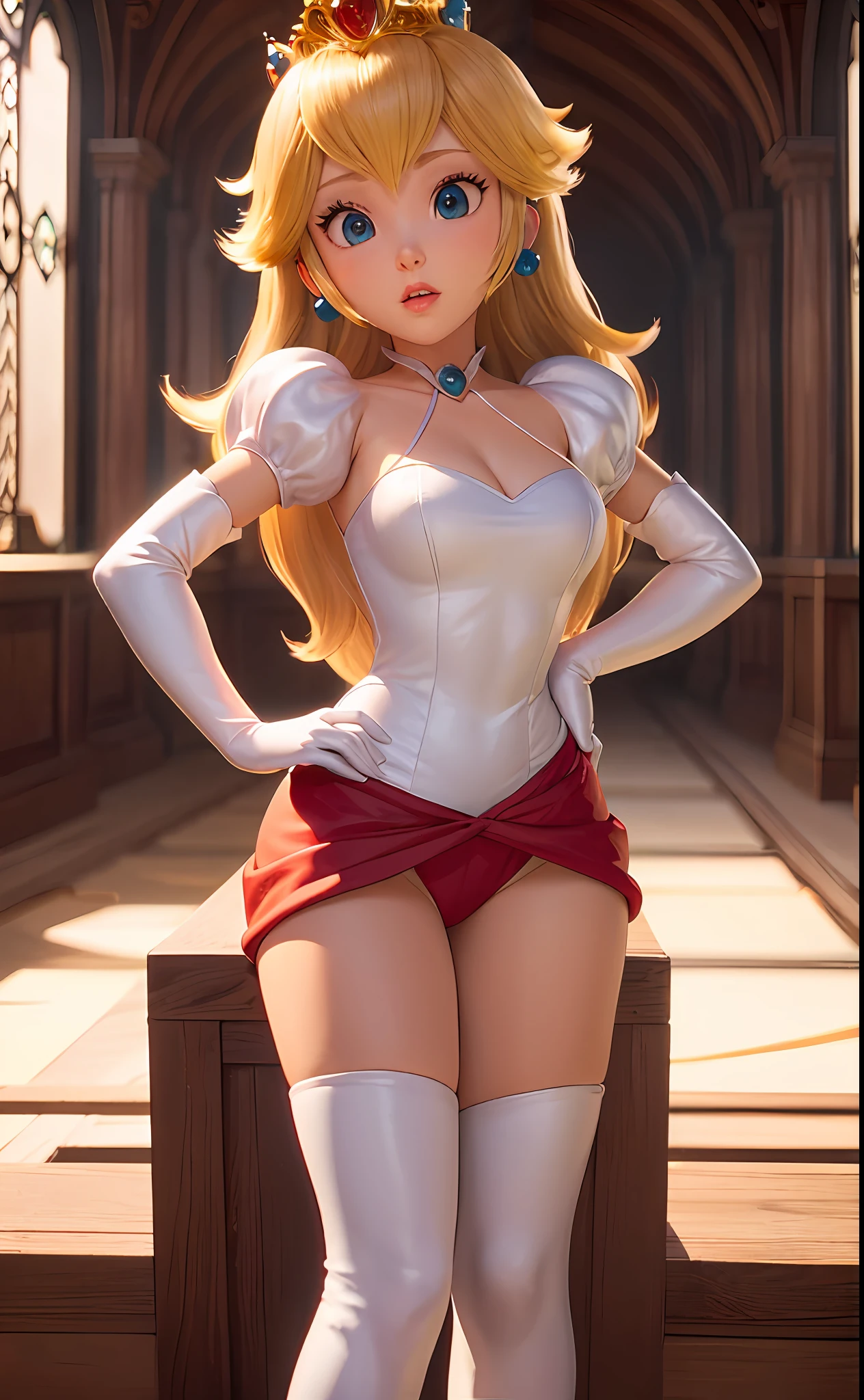 Obra maestra, princess peach, Parte superior ajustada, cuerpo visible, abdomen, minifalda, Tight clothing, rosado, pose sexy, seductor, knees up photography, staring at camera, in medieval room, Detalles aleatorios, GRACIOSO, De color, Calidad alta, High detail.