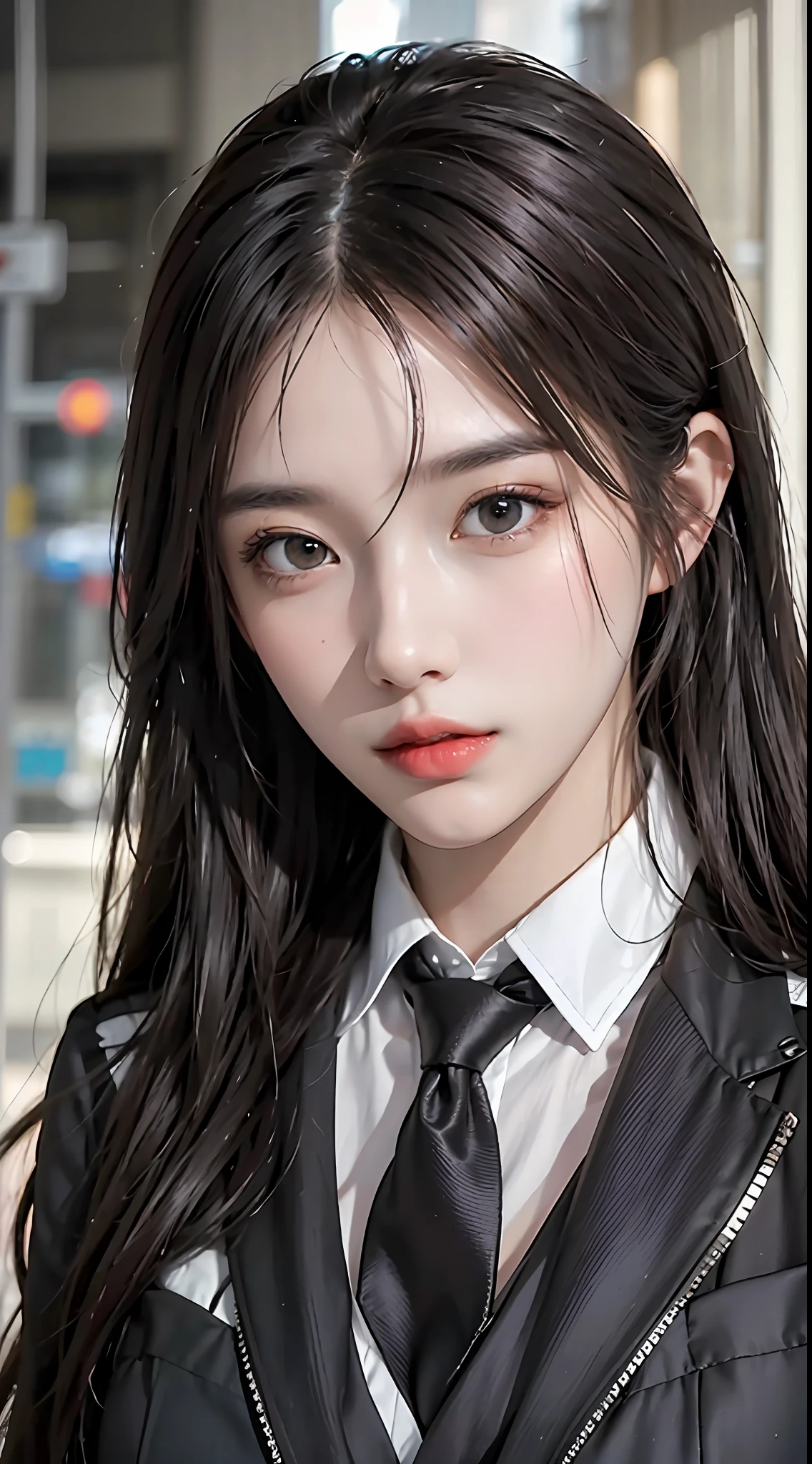photorealistic, high resolution, 1 girl, red long hair, beautiful eyes, normal breast, black suit, black suit pants,tie white shirt, long bangs