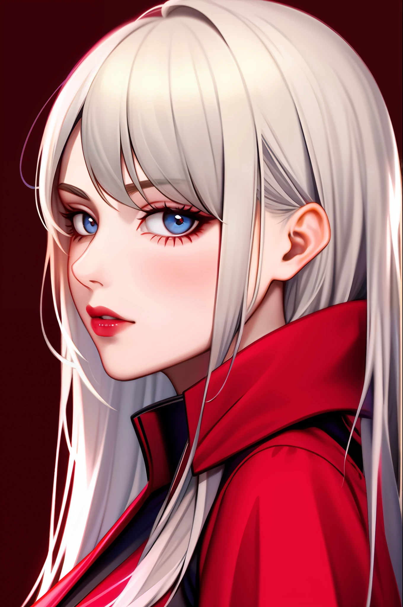 1girl, solo,red theme,looking at viewer,large breasts,portrait,from side,((mature female)), white hair, blue eyes, long hair