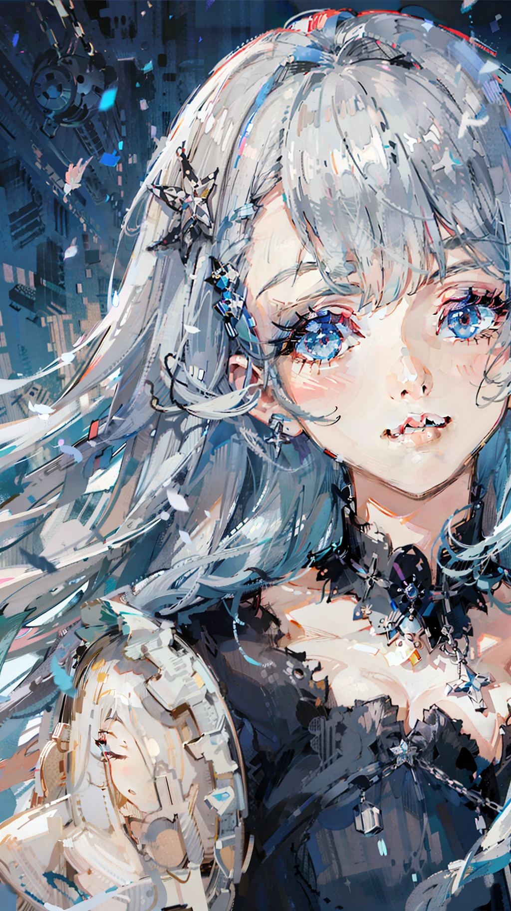 Giant Breast Girl，Side face，Long flowing blue-green hair，red-lips，collar bone，solo dance，collar bone，Shoulders exposed，Silver necklace，In the ocean，With his eyes closed，At night sky，Starry，face red，laught，(((detailed manga illustration))),((intrincadamente detalhado)),masterece-piece，HighestQuality，dreamlike，Light，