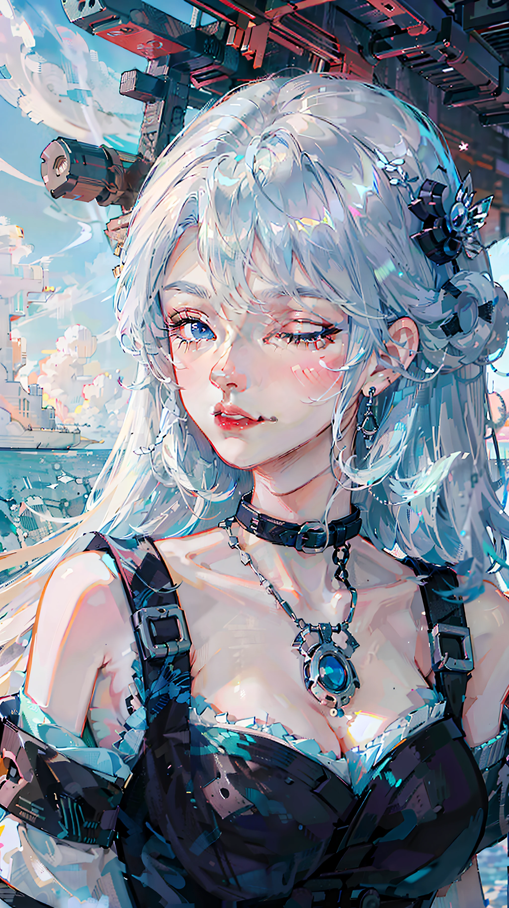 Giant Breast Girl，Side face，Long flowing blue-green hair，red-lips，collar bone，solo dance，collar bone，Shoulders exposed，Silver necklace，In the ocean，With his eyes closed，(((detailed manga illustration))),(((intricate detials))),masterece-piece，Light，