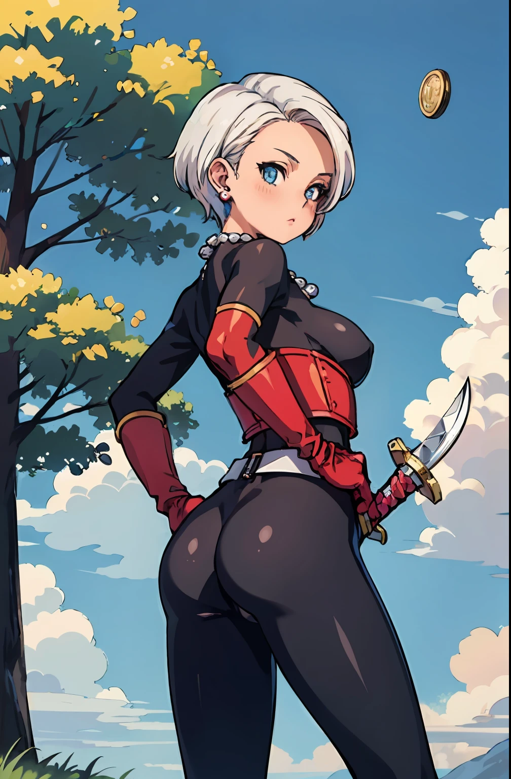 (masterpiece, best quality:1.1), thief (dq3), 1girl, solo, short hair, white hair, blue eyes, blush, medium breasts, pink gloves, jewelry, pearl necklace, earrings, belt, sword, yellow breastplate, black bodysuit, bag, (coin, sword on hip:1.2), (blue skies, nature:1.2) turned around, bent over, presenting ass, cameltoe, grabbing ass, spread buttcheeks, through clothes,