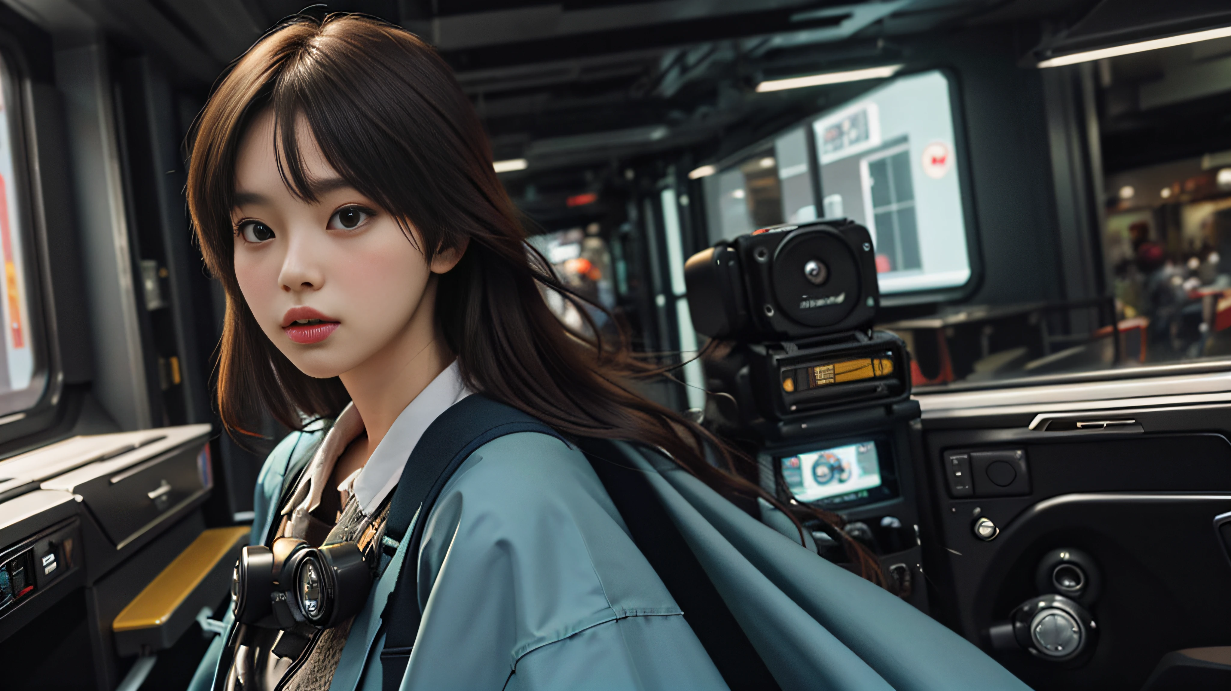 two women in uniform sitting in a plane looking at the camera, cute pilot girl, pilot girl, cinematic. by leng jun, artwork in the style of guweiz, movie still 8 k, 4 k ], 4k], 8k portrait render, still from a live action movie, soft portrait shot 8 k, beautiful sci - fi twins