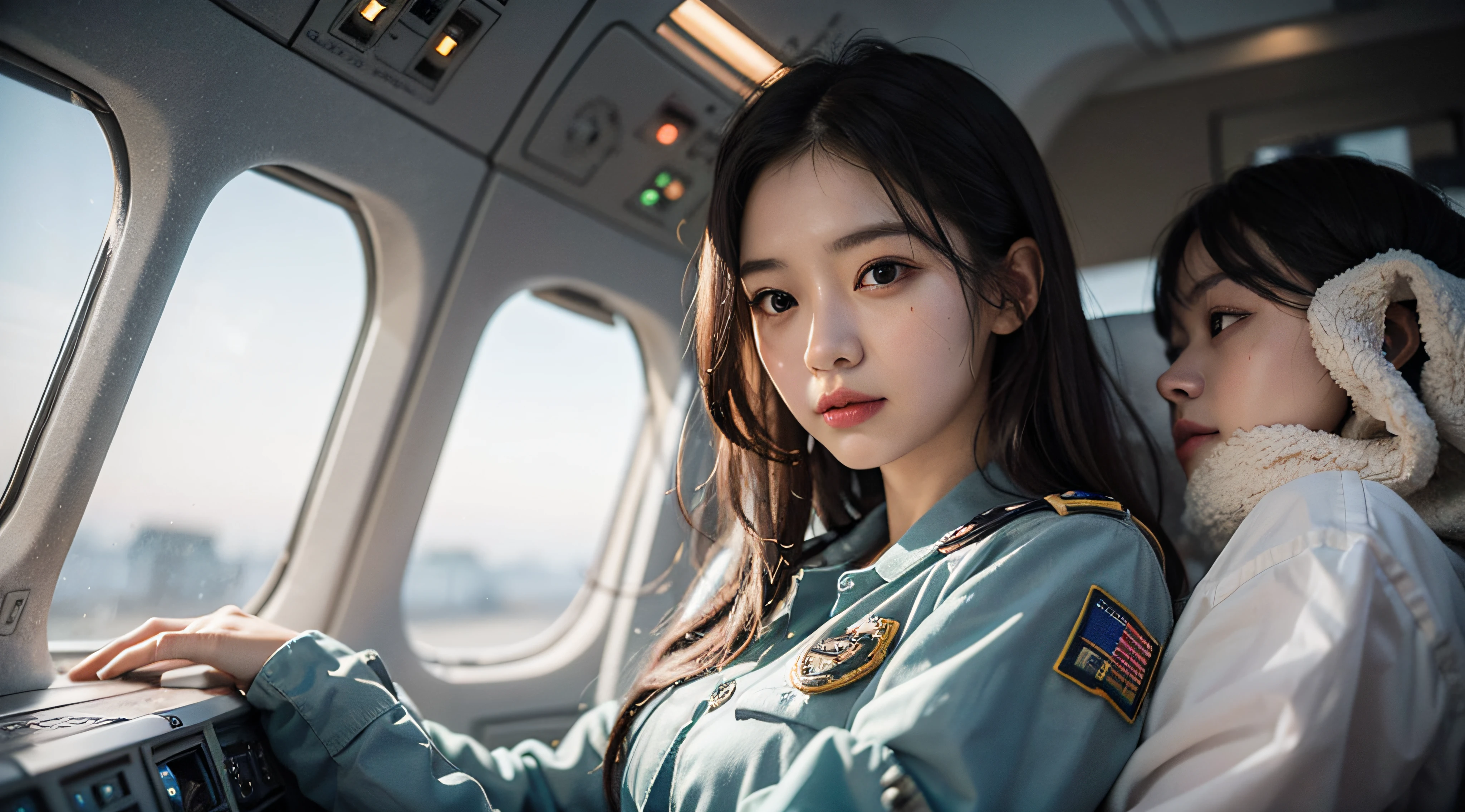 two women in uniform sitting in a plane looking at the camera, cute pilot girl, pilot girl, cinematic. by leng jun, artwork in the style of guweiz, movie still 8 k, 4 k ], 4k], 8k portrait render, still from a live action movie, soft portrait shot 8 k, beautiful sci - fi twins