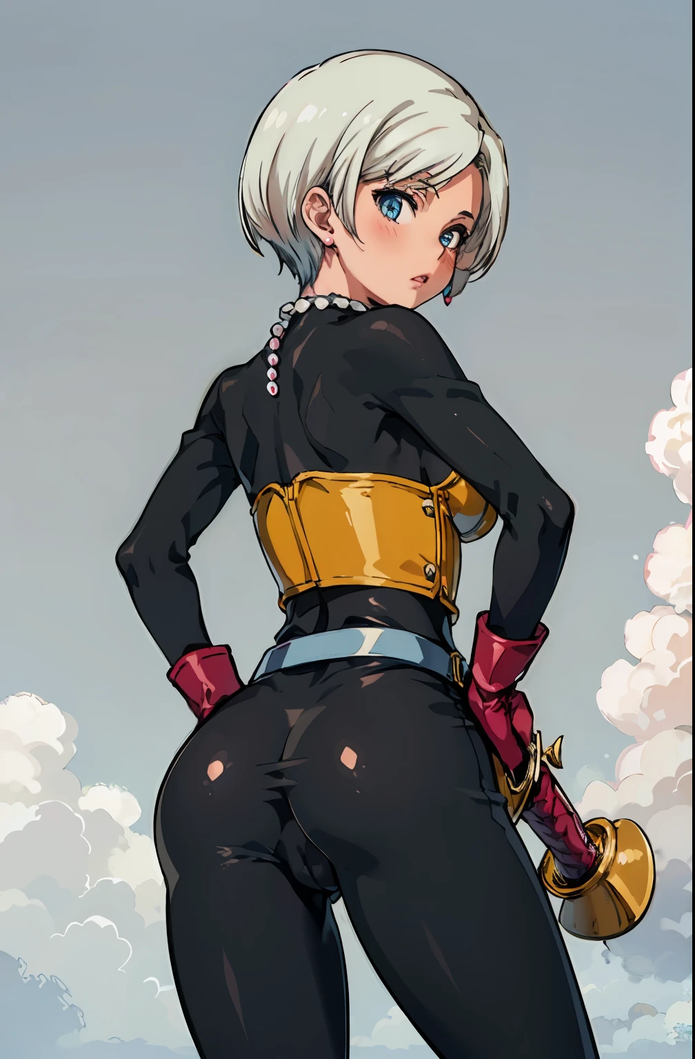 (masterpiece, best quality:1.1), thief (dq3), 1girl, solo, short hair, white hair, blue eyes, blush, medium breasts, pink gloves, jewelry, pearl necklace, earrings, belt, sword, yellow breastplate, black bodysuit, bag, (coin, sword on hip:1.2), (blue skies, nature:1.2) turned around, bent over, presenting ass, cameltoe, grabbing ass, spread buttcheeks, through clothes, in ass,