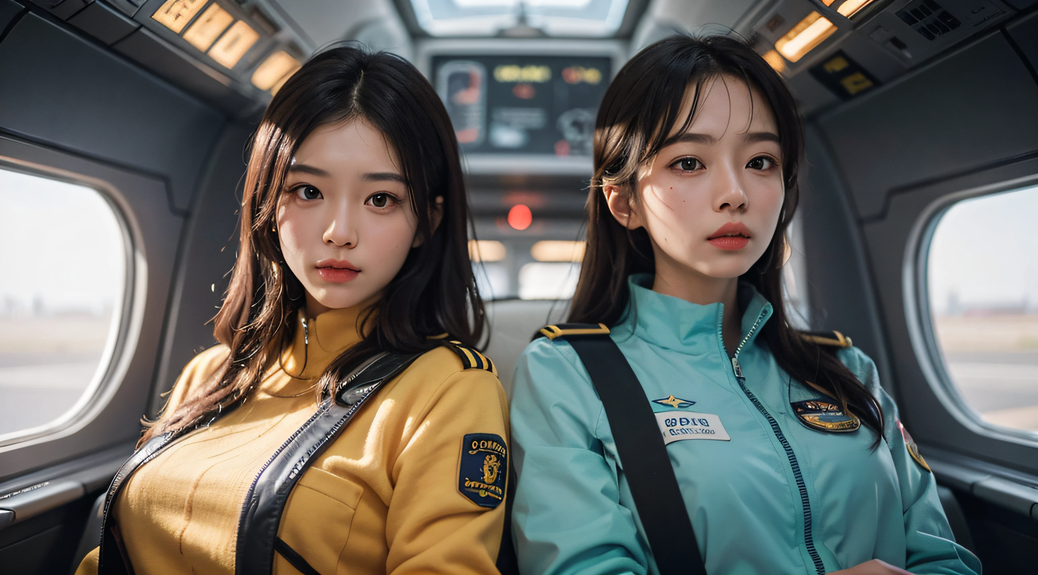 two women in uniform sitting in a plane looking at the camera, cute pilot girl, pilot girl, cinematic. by leng jun, artwork in the style of guweiz, movie still 8 k, 4 k ], 4k], 8k portrait render, still from a live action movie, soft portrait shot 8 k, beautiful sci - fi twins