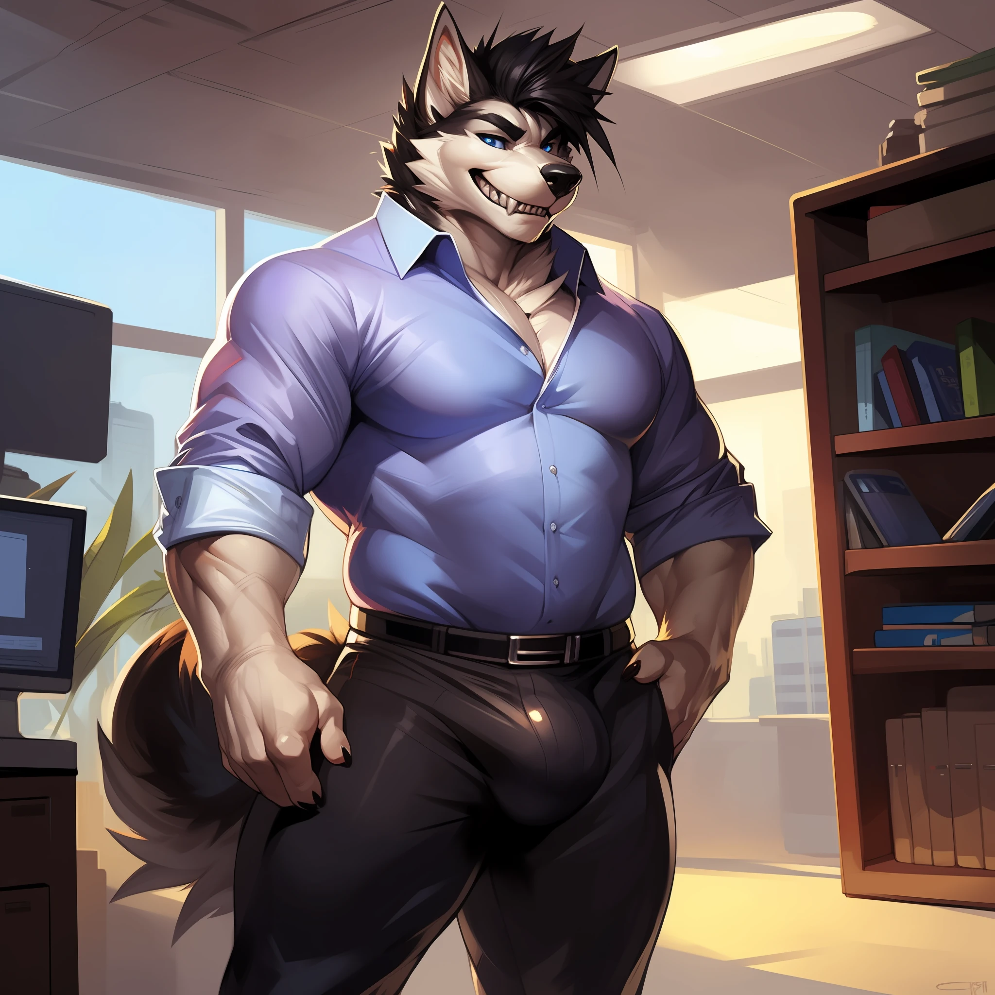 Solo, male, standing, canine, white fur, blue eyes, black hair, short hair, detailed eyes, detailed hands, lavender dress shirt, black dress pants, smirking, sharp teeth, wolf, by darkgem, by mystikfox61, massive, enormous, powerful, giant, wide, thick, office, bulge, detailed crotch