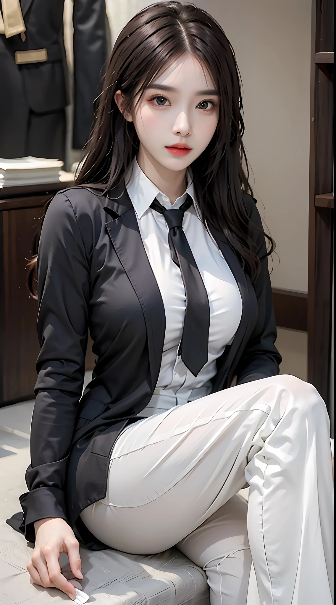 photorealistic, high resolution, 1 girl, red long hair, beautiful eyes, normal breast, black suit, black suit pants,tie white shirt, long bangs