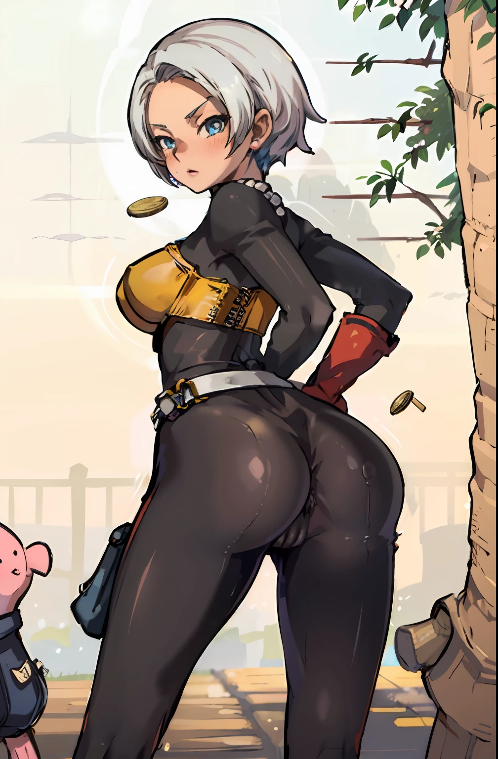 (masterpiece, best quality:1.1), thief (dq3), 1girl, solo, short hair, white hair, blue eyes, blush, medium breasts, pink gloves, jewelry, pearl necklace, earrings, belt, sword, yellow breastplate, black bodysuit, bag, (coin, sword on hip:1.2), (blue skies, nature:1.2) turned around, bent over, presenting ass, cameltoe, grabbing ass, spread buttcheeks, through clothes, butt plug in ass,
