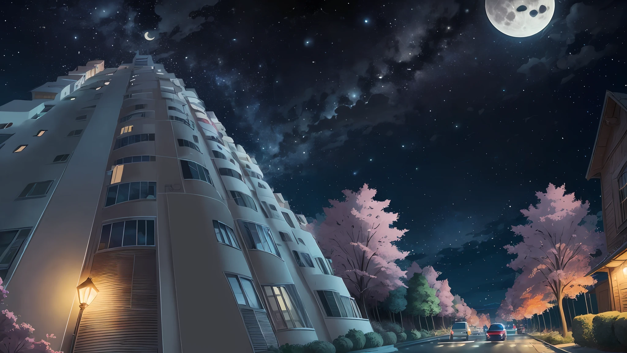 Late at night, a full moon in the starry sky, street lights on the side of the street, wind blowing trees on the street, a book through the open window of the house, beautiful HD cartoon scenes, beautiful HD cartoon scenery, night sky, art HD cartoon. As you marvel at the view before you, 8K, Ultra-HD, --auto --s2