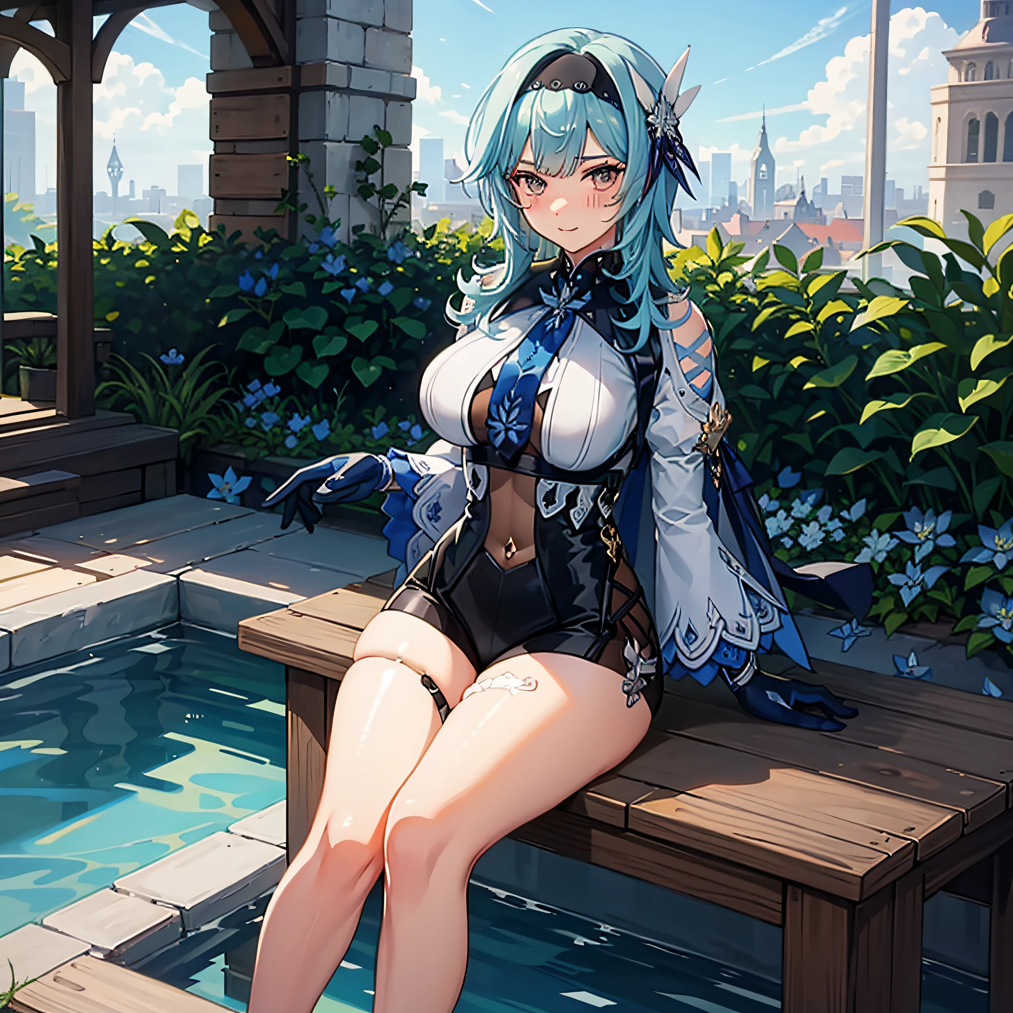(antecedentes extremamente detalhados) (melhor qualidade), (mais alta qualidade), (obra-prima) , (ultra-detalhado) , Eula Lawrence, peitos enormes, bundas grandes, coxas grandes, Your MILF skin is oily, olhar sedutor, sorriso sedutor, blush, blue skies, cabelo longo, olhos castanhos , sitting in a garden of blue lilies, Blue lilies , olhando para o espectador , solo ,4k , 8k ,