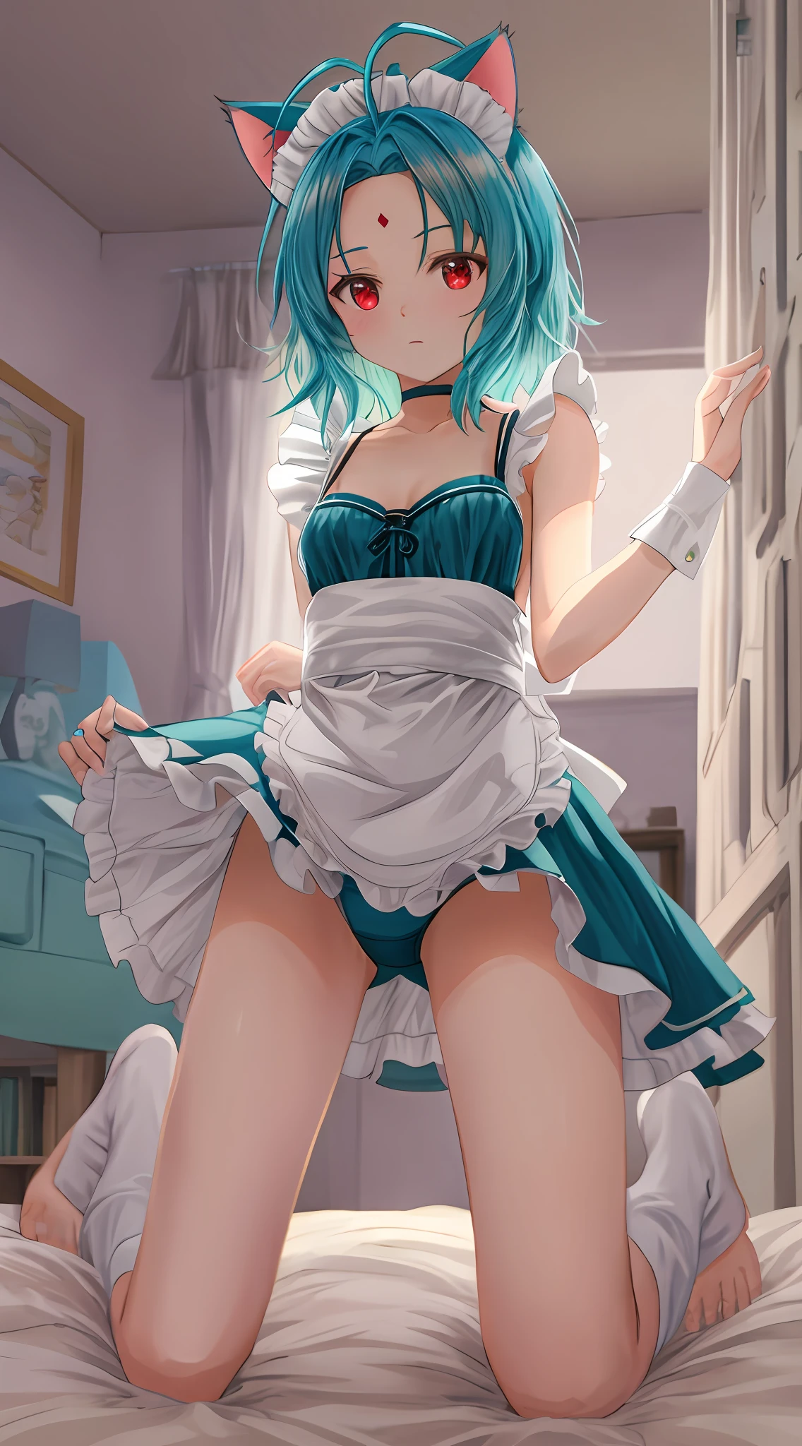 Masterpiece,Best Quality,from below,Full body,feet focus,Looking down,Solo Girl,Brown hair,Medium Hair,Wave Hair,Antenna Hair,Forehead,Small breasts,Red eyes,hairpin,cat ear,complex clother,maid clother,white leg warmers,Spread legs,in the bed room,Anime style,back lighting,faint light