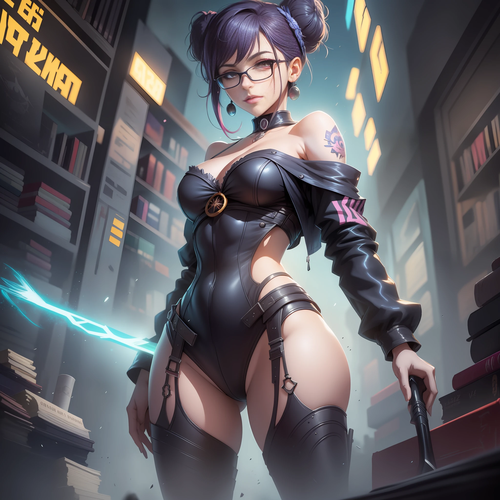 panoramic, anime teacher woman, librarian, 22 years old, shy, cute, delicate and reserved with a whole body pose wearing a white off the shoulder sweater, anime style, short purple bun hair and bangs, short person, stand up, perfect anatomy, wearing glasses, lipstick and earrings, approaching perfection, dynamic, highly detailed, artstation, concept art, smooth, sharp focus, library background, cinematic ilumination, illustration, art by Kim Jung gi, Artgerm, Carne Griffiths and Wadim Kashin, Sasha Yakovleva, loish, jeremy mann, full body shot, character sheet, lightningwave, Beautiful anime watercolor painting , detailed symmetric hazel eyes with circular iris, style of artists like Russ Mills, Sakimichan, Wlop, Loish, Artgerm, Darek Zabrocki, and Jean-Baptiste Monge noah bradley. trending on artstation, 8k, masterpiece, graffiti paint, fine detail, full of color, intricate detail, golden ratio illustration, cinematic ilumination, fantasy forest environment background, scythe in hand