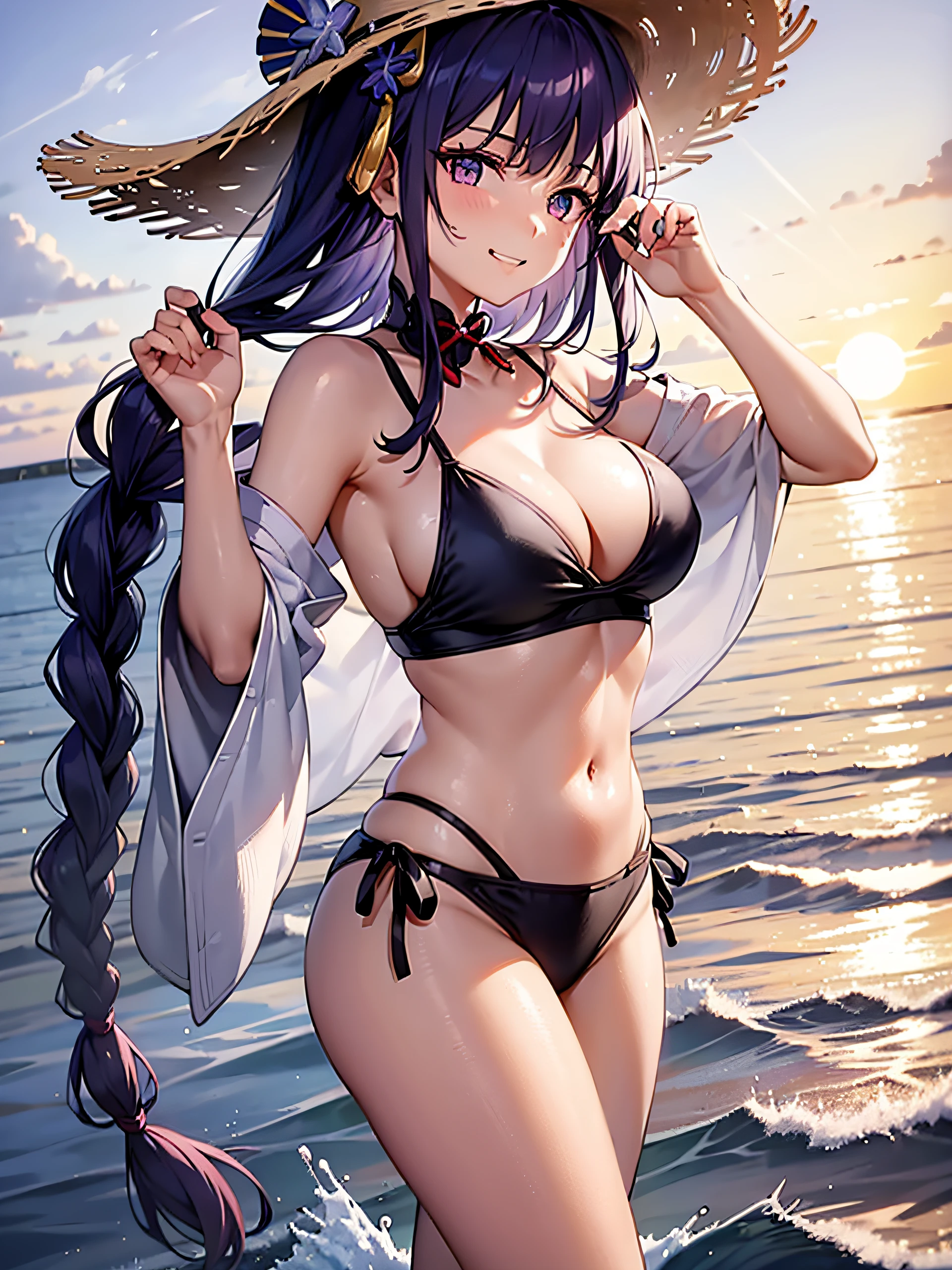 Raiden Shogun, with her back facing the viewer, wearing a straw floppy hat, holding a blue popsicle with her hand, at the beach during sunset, orange sun setting at the sea near the horizon, large breasts, wearing a pink-and-purple cute swimsuit, there are small waves on the sea in the background, looking at the viewer, has long purple hair with a long braid running down her back, strands of white hair at the tip of the braid, light purple eyes and a slight grin.