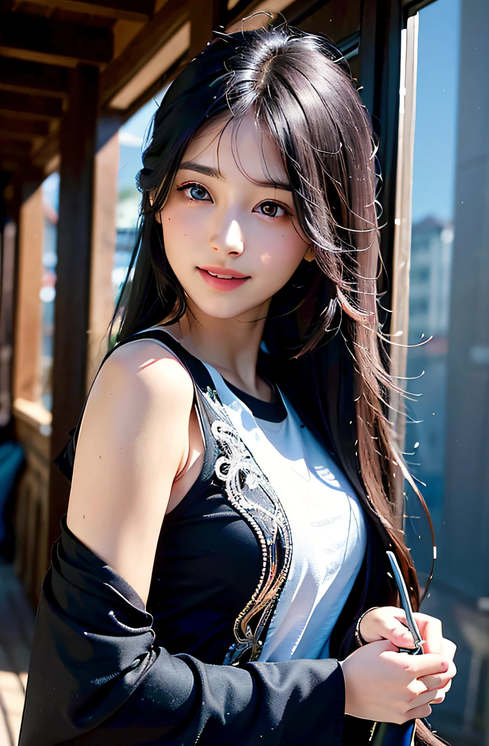 the best quality、A masterpice、photoRealstic、intricated details、Raw foto、Photon Rendering、Octane Rendering、absurdist、Ultra-detailded、detailed faces、Detailed skin、trend in ArtStation、8K masterpiece、lighting like a movie、( (1girls))、((独奏) ))、((Behold))、CG Social Trends、Plastic En、((Black Long Hair))、((a beautiful female))、(smile on face)、Dark blue clothes、(White Skin Skin)、Fashionable、A sexy、hair flowing in wind、((Flowing hair))、happy、fashion magazine、((lighting like a movie))、mountain hut、