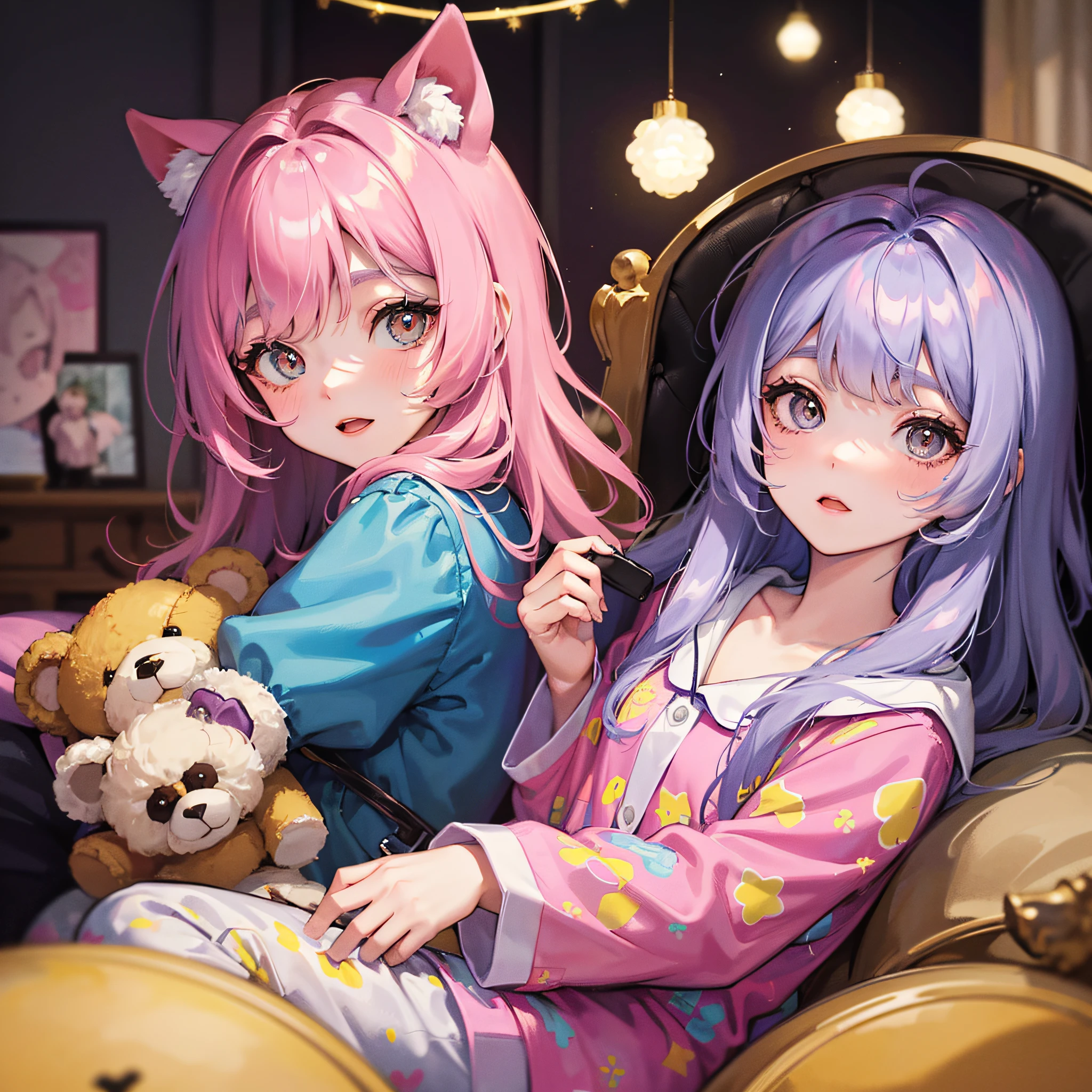 An adorable image of an 18-year-old girl with a cute appearance, wearing pink unicorn print pajamas. She's cuddled up to a giant teddy bear, com olhos grandes e expressivos. The setting is a room decorated with little lights, com uma janela ao fundo mostrando a lua e as estrelas. --auto