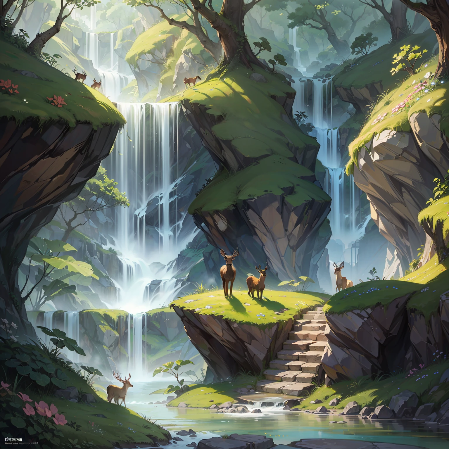 Chinese ancient times, spring, jungle, lake, cave, waterfall, tree, meadow, rock, deer, hot spring, water vapor, (illustration: 1.0), epic composition, realistic lighting, HD details, masterpiece, best quality, (very detailed CG unified 8k wallpaper) --auto