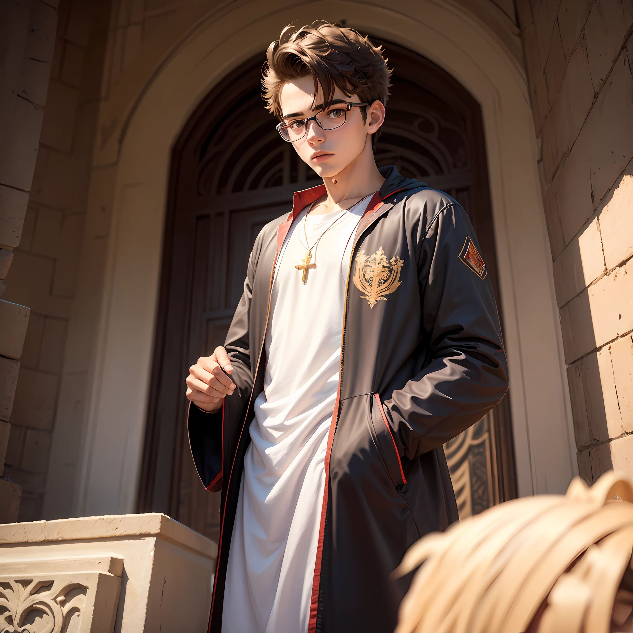 (melhor qualidade, obra prima), menino 16 anos, cabelo preto curto, wears glasses, deity of a religion, dentro de uma igreja, sem barba, ANIME --auto