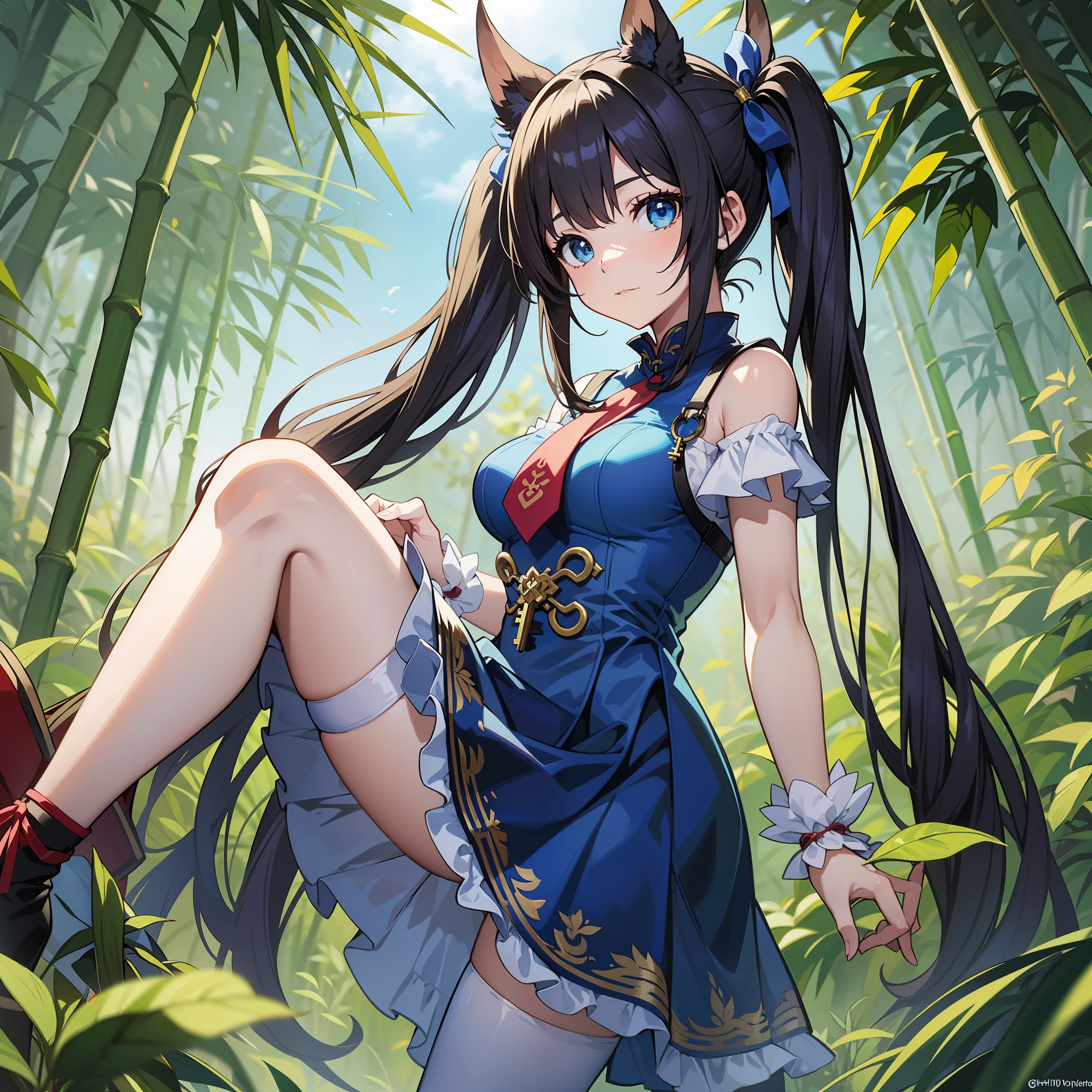 Anime Girl with long thin hair in 2 pigtails and blue ties, detailed key anime art, anime girl with black hair, shadowverse style, off shoulder, Using a white blue cheongsam dress, blue stocking, Kicking style, in the bamboo tree, blue eyes, masterpiece, UHD, Big eyes