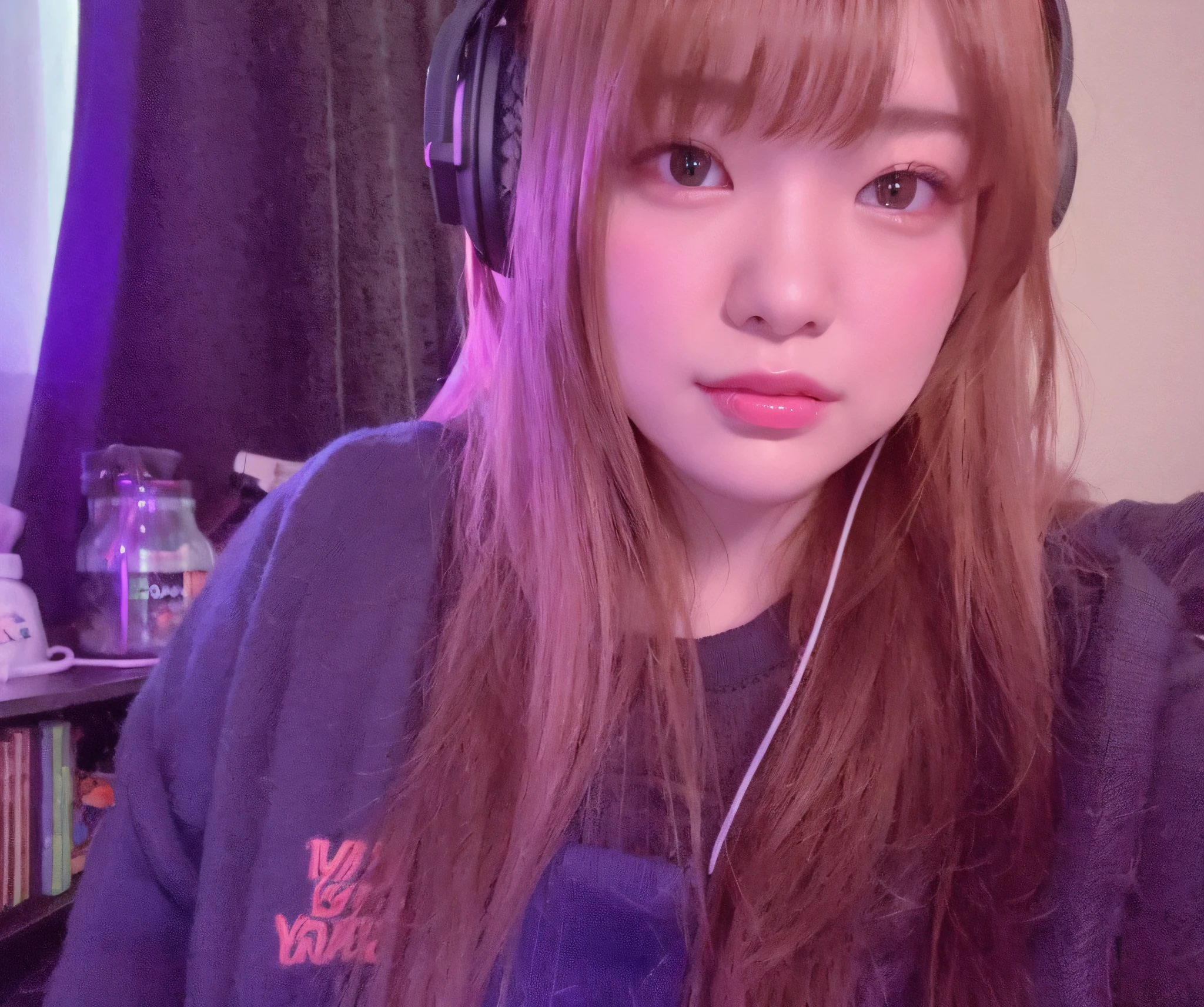 arafed girl with headphones and a sweatshirt on sitting in a room, chiho, belle delphine, lofi-girl, Lalisa Manoban in blackpink, twitch streamer, Ilya Kuvshinov with long hair, Larisa Manobal, pokimane, jdm, portrait of jossi of blackpink