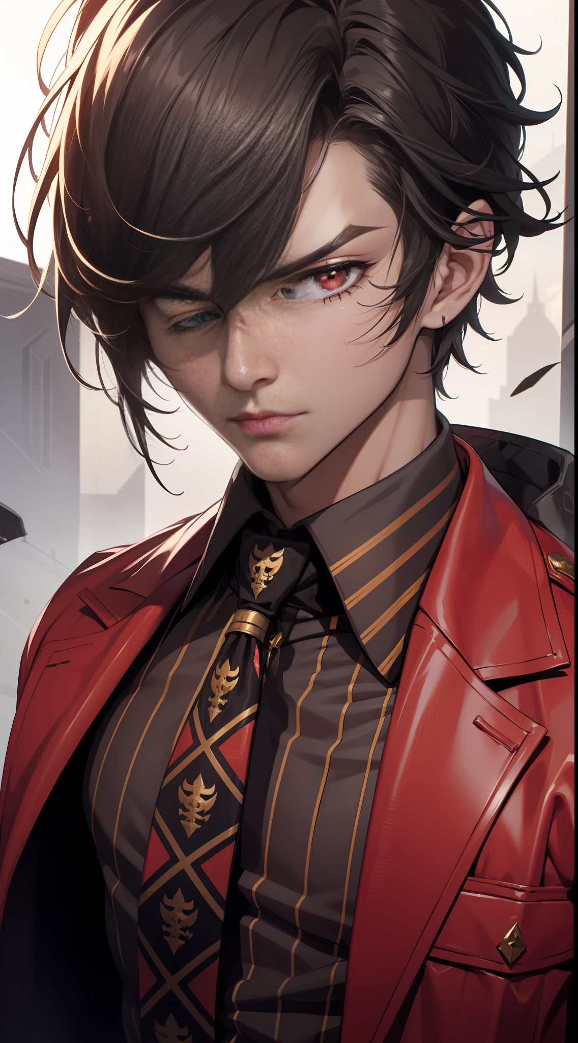 Very handsome boy，Noble look，with short black hair，Red pupils，Grim expression，Upper body ID photo，The eyes portray attention to detail，Black suit with no decorations，Sitting in a red leather seat，A kingly look，Face the camera