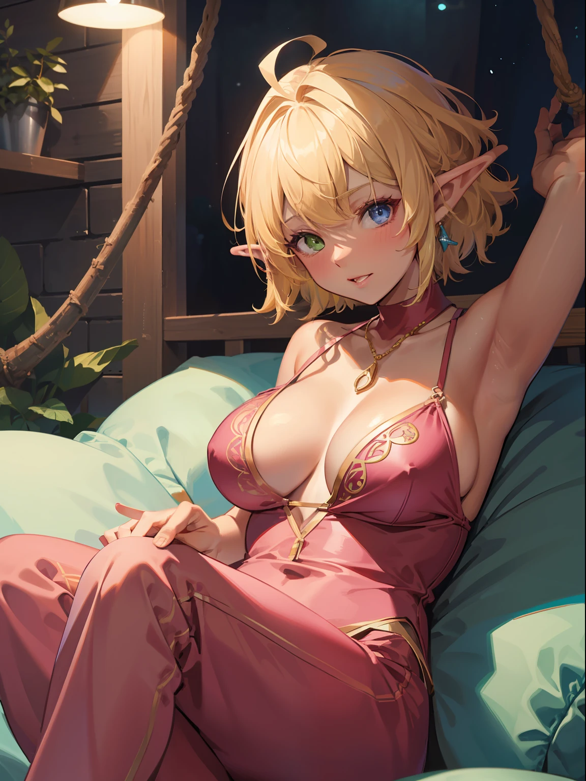high-re, sharp-focus, pixiv's masterpiece, ((and intricate detailing)), extremly detailed, pointy ear, Heterochromia, 独奏, bronde hair, Green eyes, Blue Eye, Ahoge, 1girls, shorth hair, elvish, Dark skinned, Whole human body, woman kngiht,HugeBoobs、Pink pajamas、Sleeping in a hammock、During sleep、blushful、Aura of Overlord、