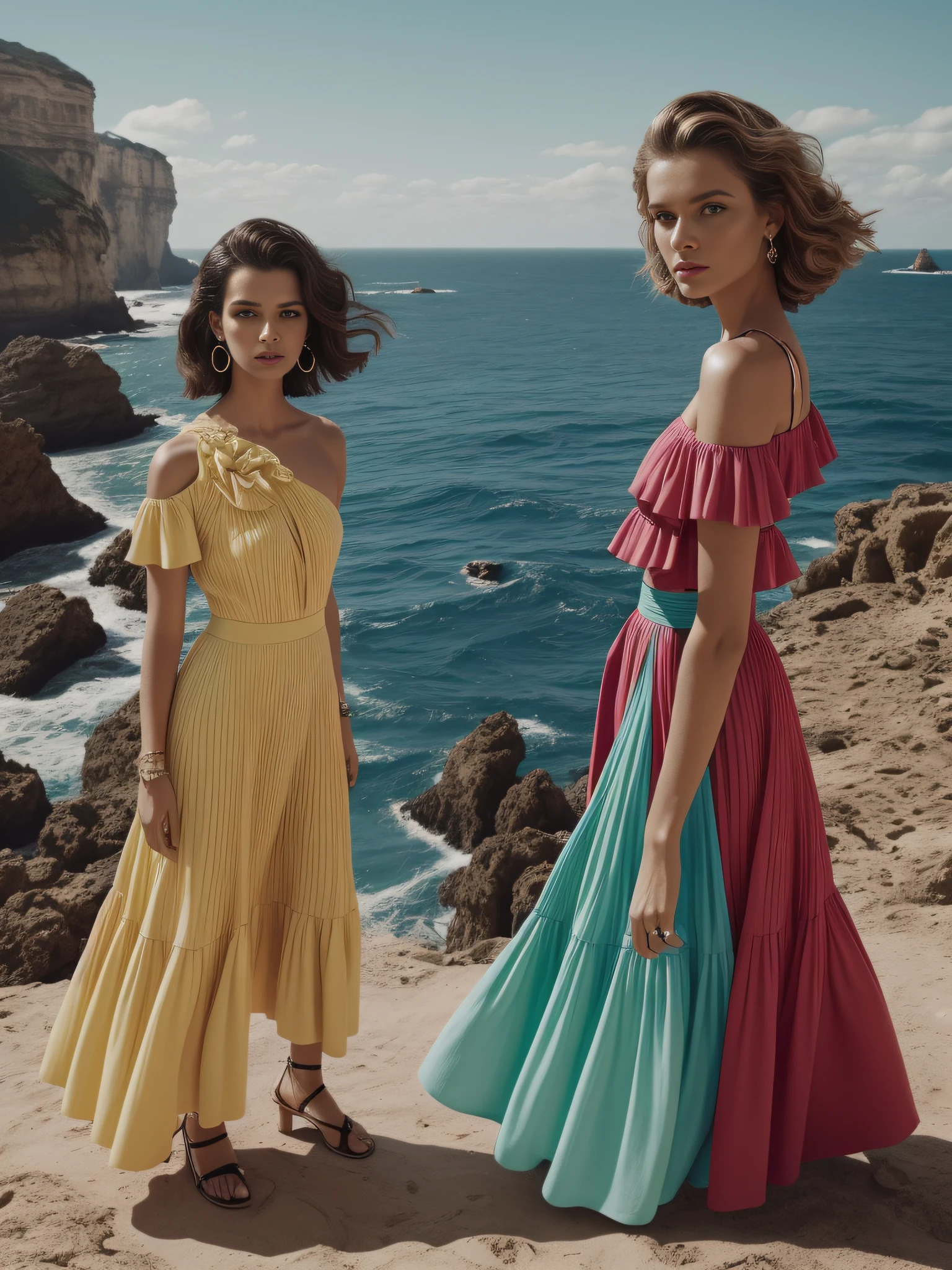 Two women ultra detailed face symmetrical eyes confident look together ((minissaia)) (Asymmetrical top single shoulder greens vibrant colors, Citricas ) Retro style standing on a cliff near the ocean, roupas verdes, Editora Oficial Valentino, imagem editorial, mar - roupas verdes e brancas, Foto da revista Vogue, roupas verdes, Directed by: Emma Andijewska, editing, Directed by: Silvia Pelissero, Bazar Harpers, Directed by: Olivia Peguero, Da revista Vogue, 💣 💥💣 💥, tons vibrantes, cores quentes, Retro style summer nostalgia