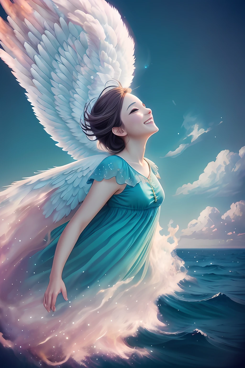 an angel、comely、Happy smile、Gentle background、the clouds、Colorful clouds、Fantastical、Bright background、high picture quality、tenderness、joy、aureole 、 Sea Background -Auto