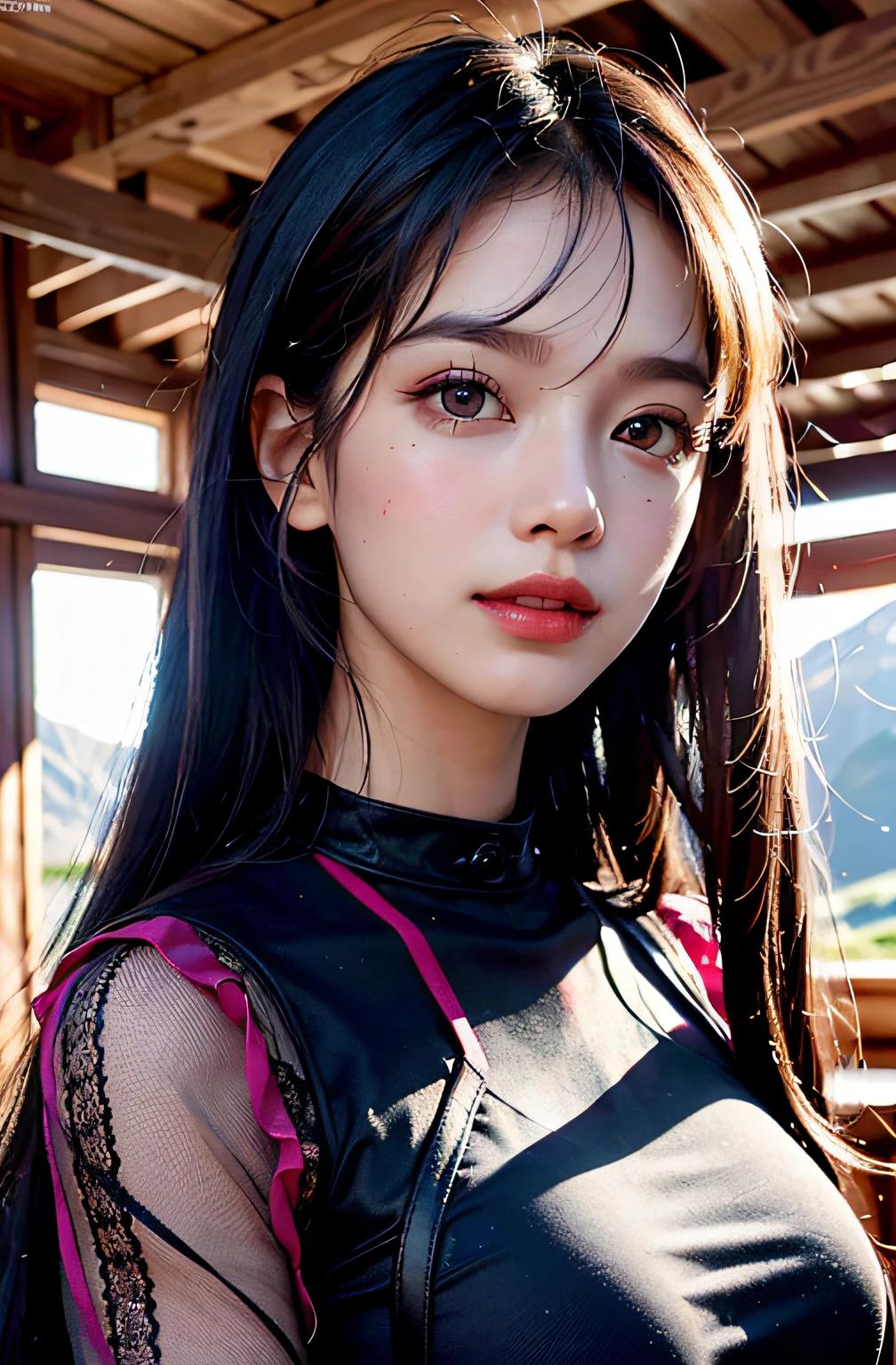 the best quality、A masterpice、photoRealstic、intricated details、Raw foto、Photon Rendering、Octane Rendering、absurdist、Ultra-detailded、detailed faces、Detailed skin、trend in ArtStation、8K masterpiece、lighting like a movie、( (1girls))、((独奏) ))、((Behold))、CG Social Trends、Plastic En、((Black Long Hair))、((a beautiful female))、(smile on face)、Dark blue clothes、(White Skin Skin)、Fashionable、A sexy、hair flowing in wind、((Flowing hair))、happy、fashion magazine、((lighting like a movie))、mountain hut、