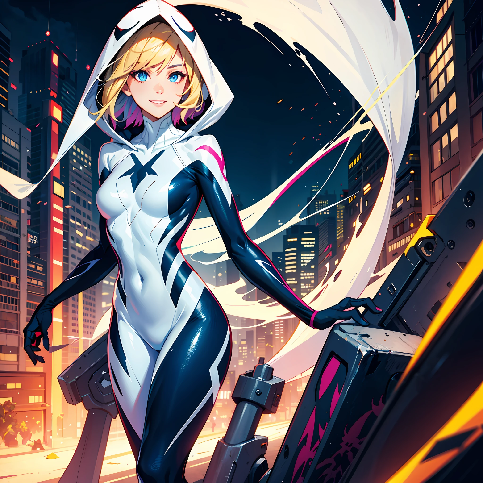 highres, highest quallity, illustration, ultra detailed, cinematic lighting, best quality, hyper detailed, masterpiece,1 spider-gwen girl, blond shaved sides hair, blue eyes, smile, solo, spider-gwen suit, spider gwen mask, hood, medium breasts, light rays, (colorful), (standing:1.2), cool tones, night time