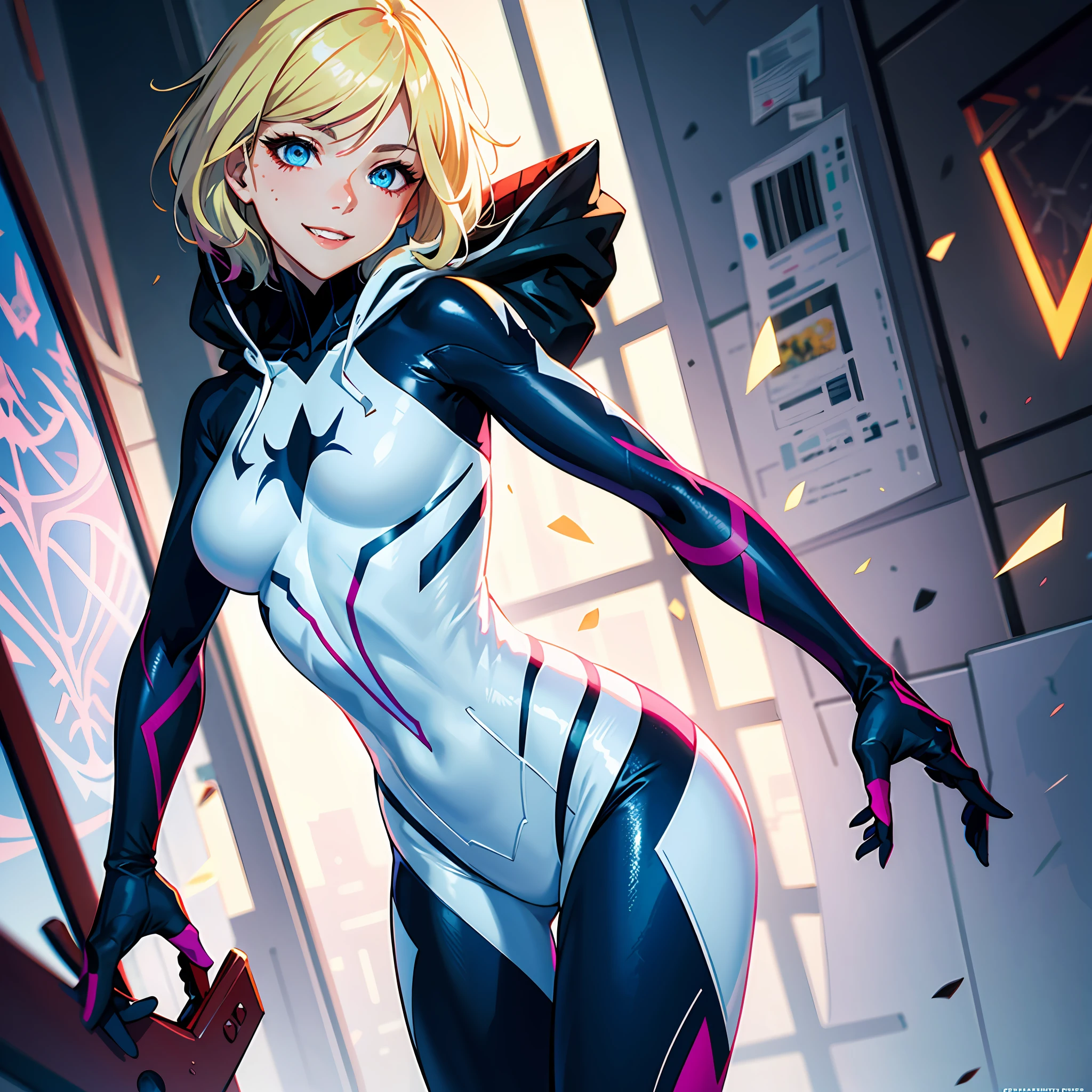 highres, highest quallity, illustration, ultra detailed, cinematic lighting, best quality, hyper detailed, masterpiece,1 spider-gwen girl, blond shaved sides hair, blue eyes, smile, solo, spider-gwen suit, spider gwen mask, hood, medium breasts, light rays, (colorful), (standing:1.2), cool tones, night time
