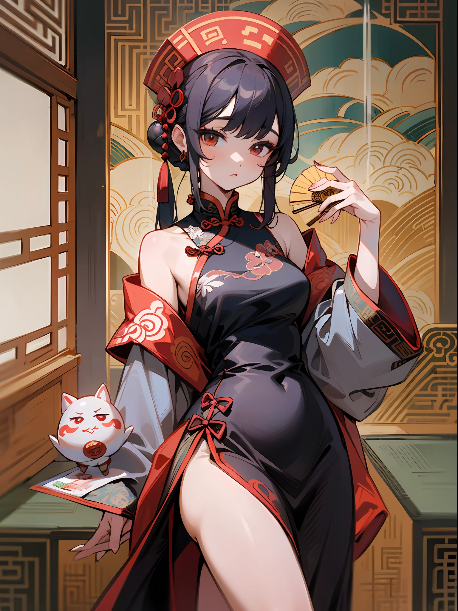the best quality,nmasterpiece,Complicated details,A chinoiserie girl stands,Holding a fan in your hand,Chinese doll double pill head,Red off-the-shoulder cheongsam,Black ball head