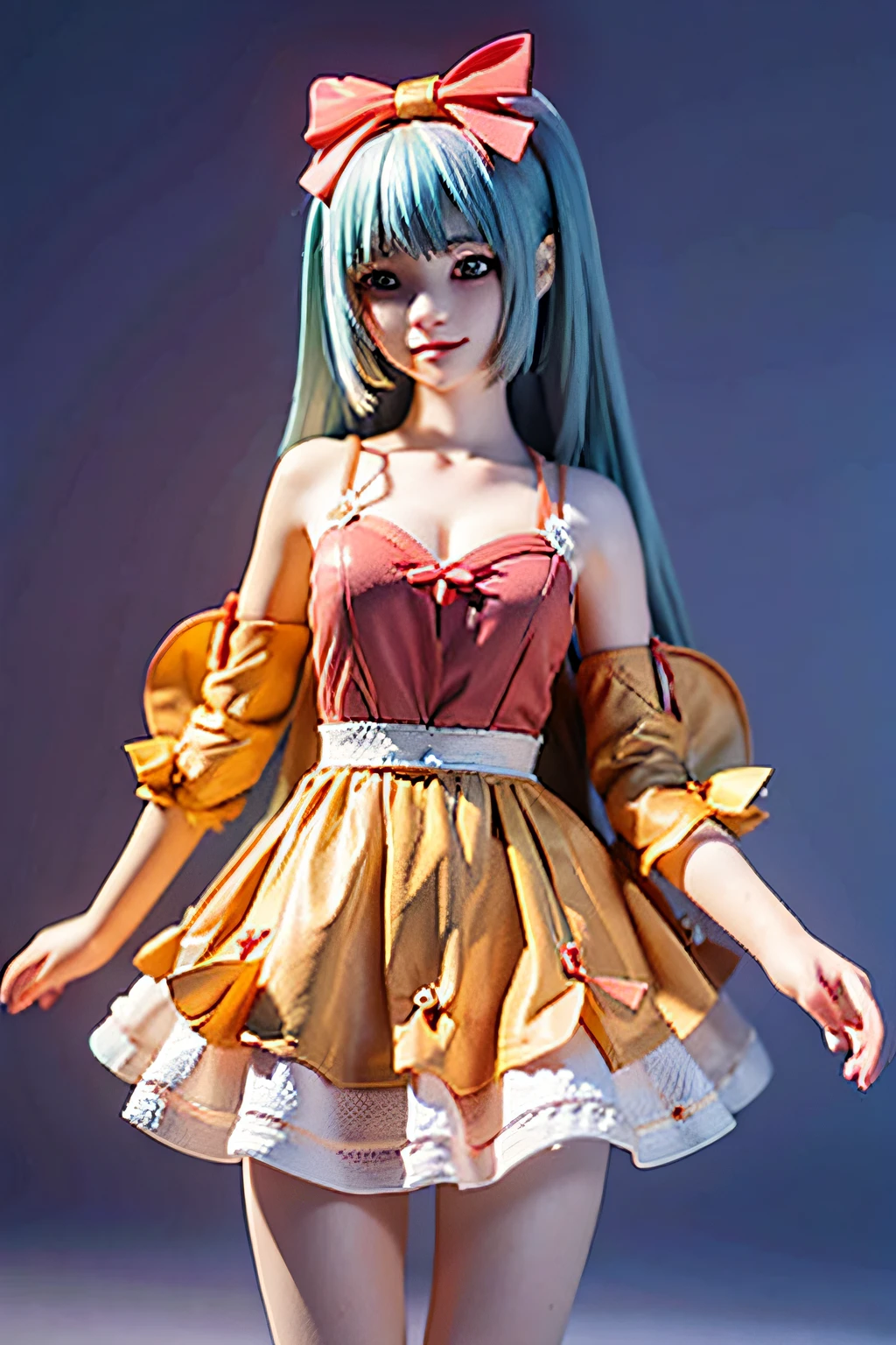 Cartoon girl holding a cell phone， Ruan Meng,Cute girl cute cartoon, Cute cartoon character, cute character, Cartoon Cute, cute kawaii girls,anime visual of a cute girl, girl making a phone call, Lovely art style Starry Night, make realistic, A detailed, 8k, mix4, red_dress, starlit, Blue-pink hair, butterfly hair ornaments, length hair, jewelry, 耳环, skirts, Headshot，white backdrop