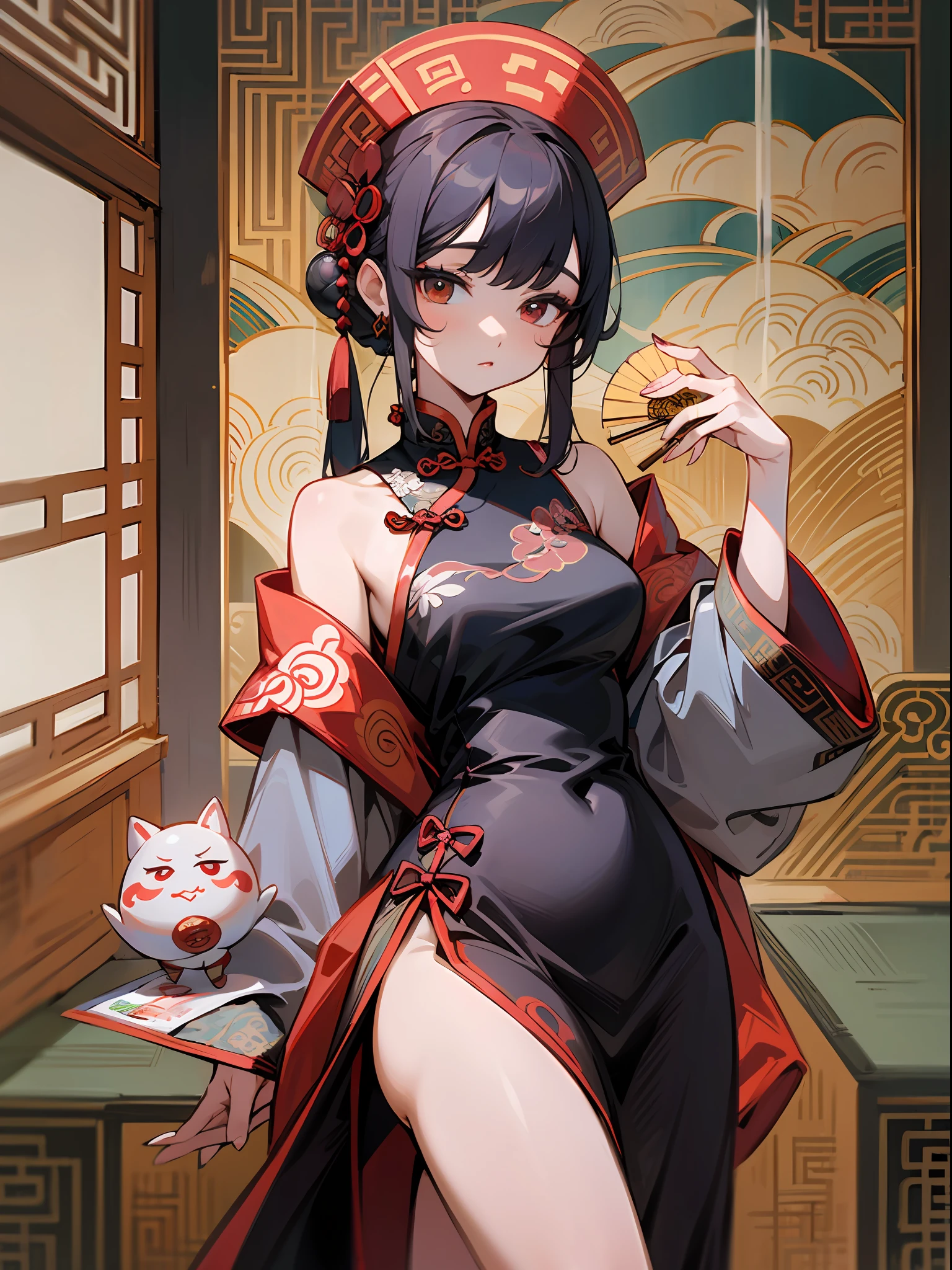 the best quality，nmasterpiece，Complicated details，A chinoiserie girl stands，Holding a fan in your hand，Chinese doll double pill head，Red off-the-shoulder cheongsam，Black ball head